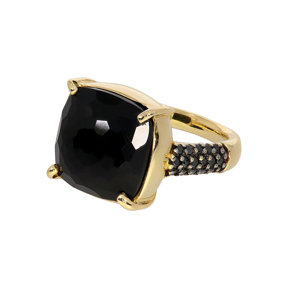 Inel cu diamante negre, pandantiv patrat, aur 14K, piatra Onix