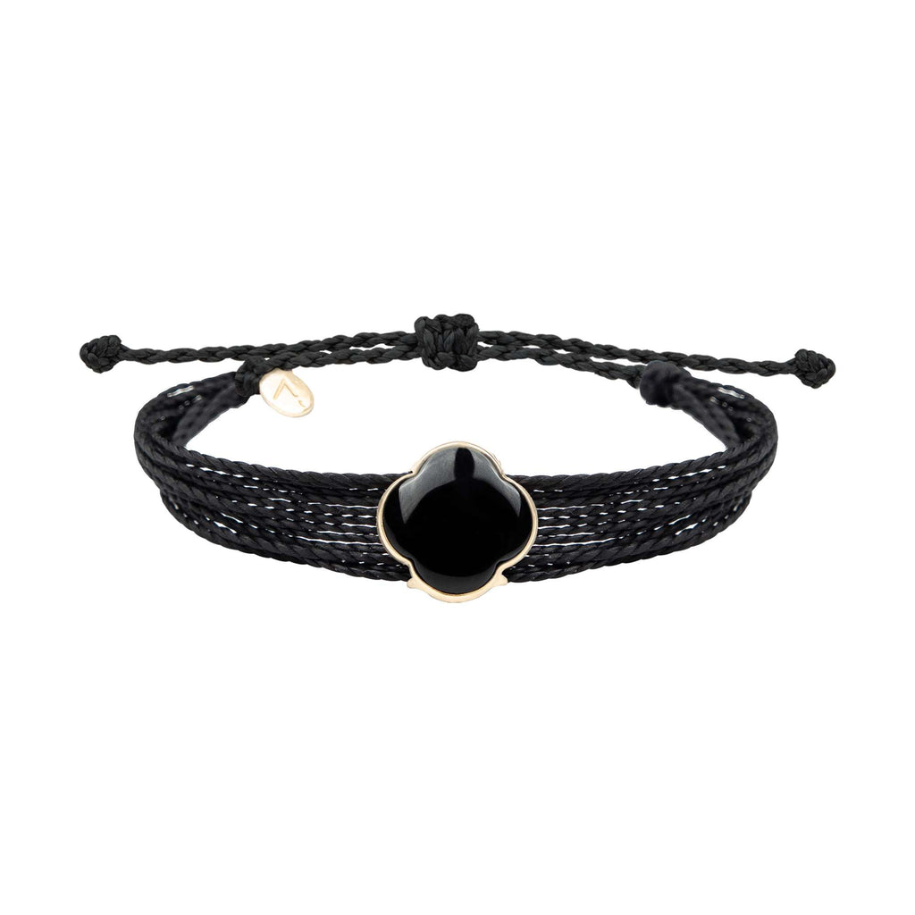 Bratara ajustabila cu pandantiv cruce, aur galben 9 K, piatra Onix, fir matase neagra cerat