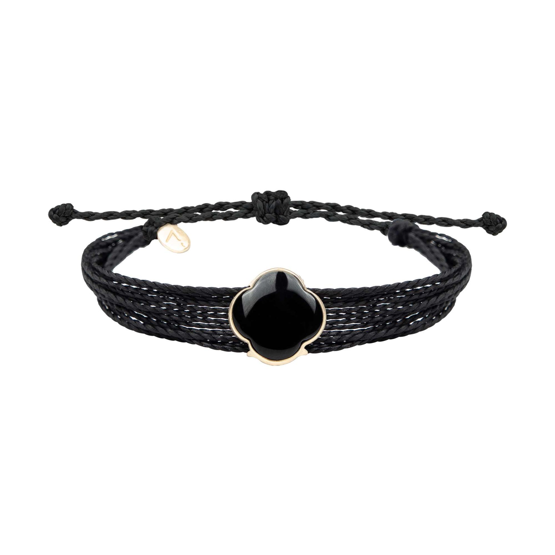 Bratara ajustabila cu pandantiv cruce, aur galben 9 K, piatra Onix, fir matase neagra cerat