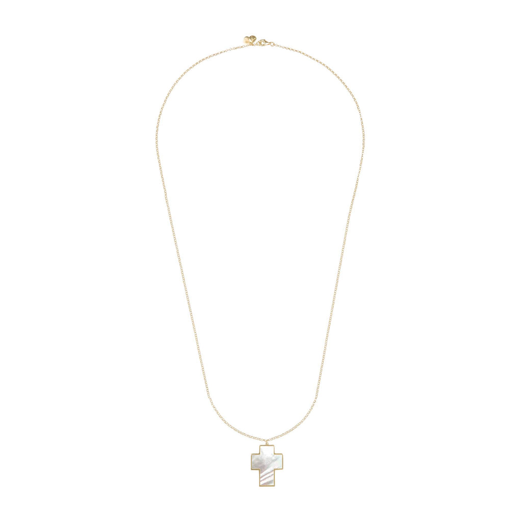Lantisor lung cu pandantiv cruce, aur galben 14 K, Piatra Madre Perla alba