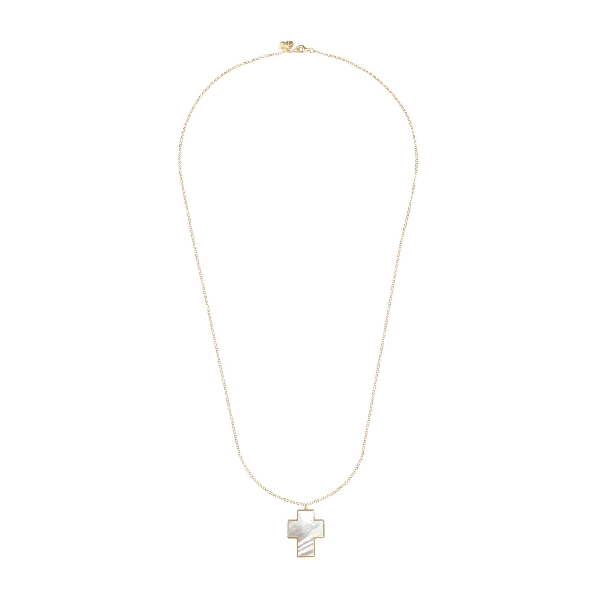 Lantisor lung cu pandantiv cruce, aur galben 14 K, Piatra Madre Perla alba