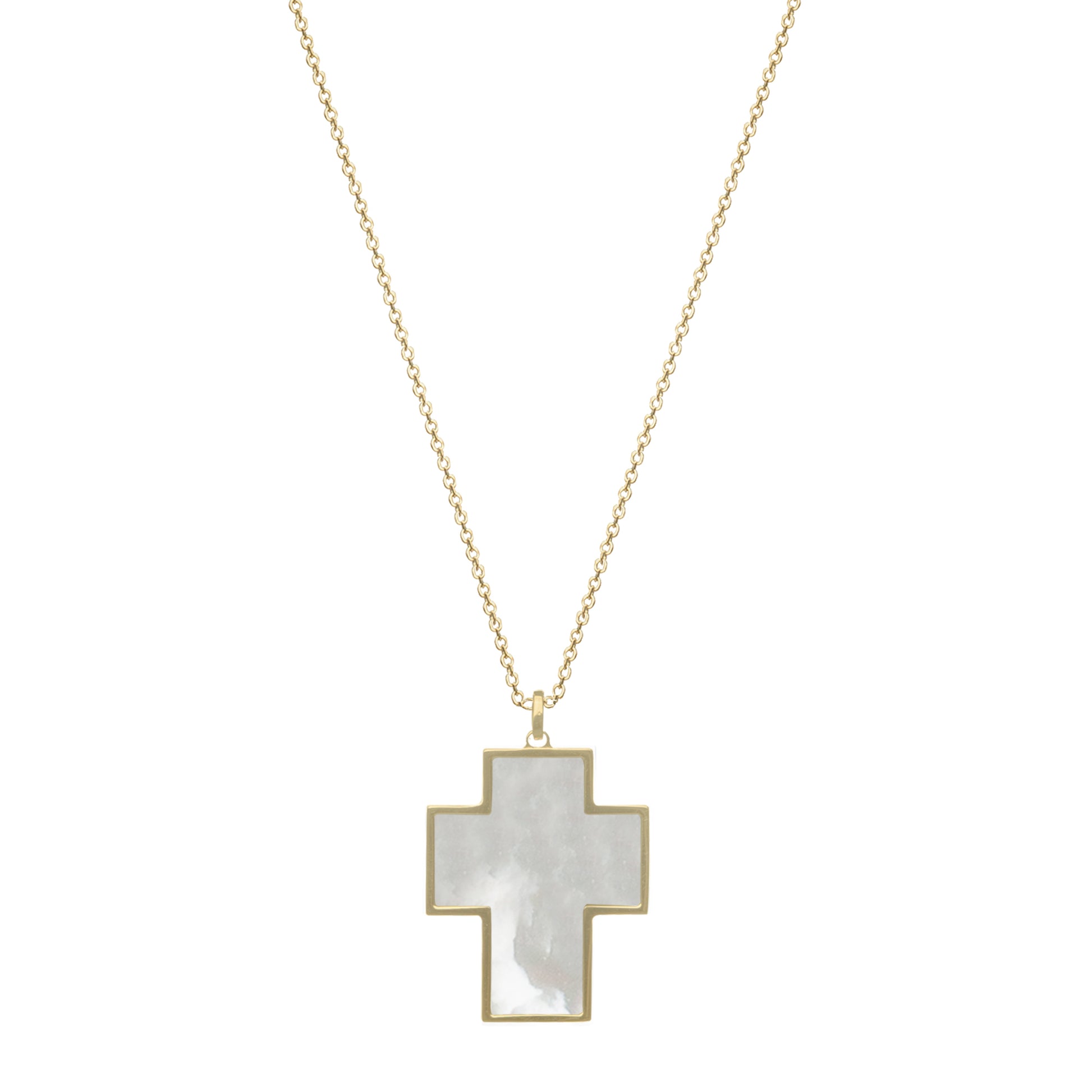 Lantisor lung cu pandantiv cruce, aur galben 14 K, Piatra Madre Perla alba