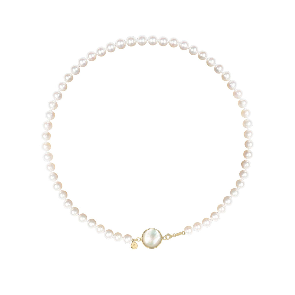 Colier scurt cu perle naturale, aur galben 14 K, pandantiv cerc, aur galben 9 K, piatra Madre Perla