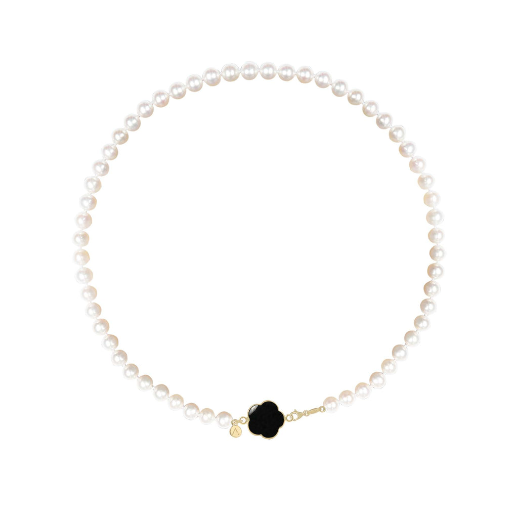 Colier scurt cu perle naturale, aur galben 14K, pandantiv floare, aur galben 9 K, piatra Onix