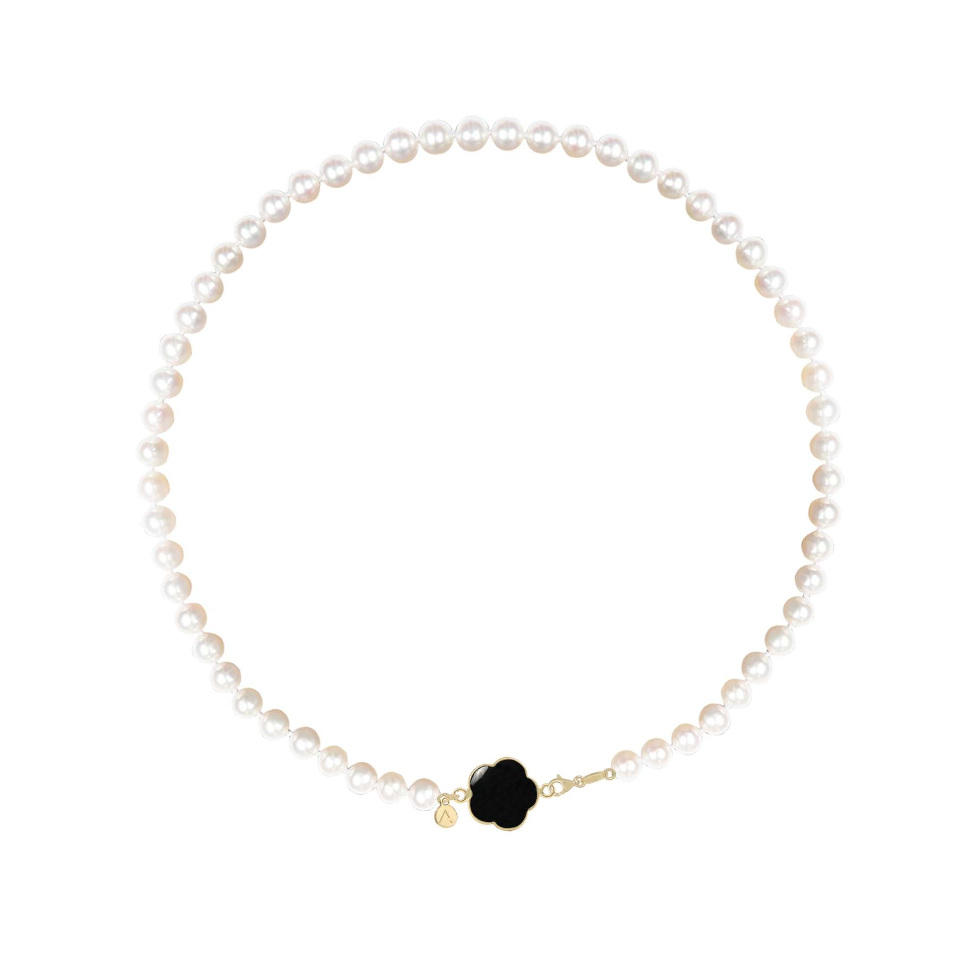 Colier scurt cu perle naturale, aur galben 14K, pandantiv floare, aur galben 9 K, piatra Onix