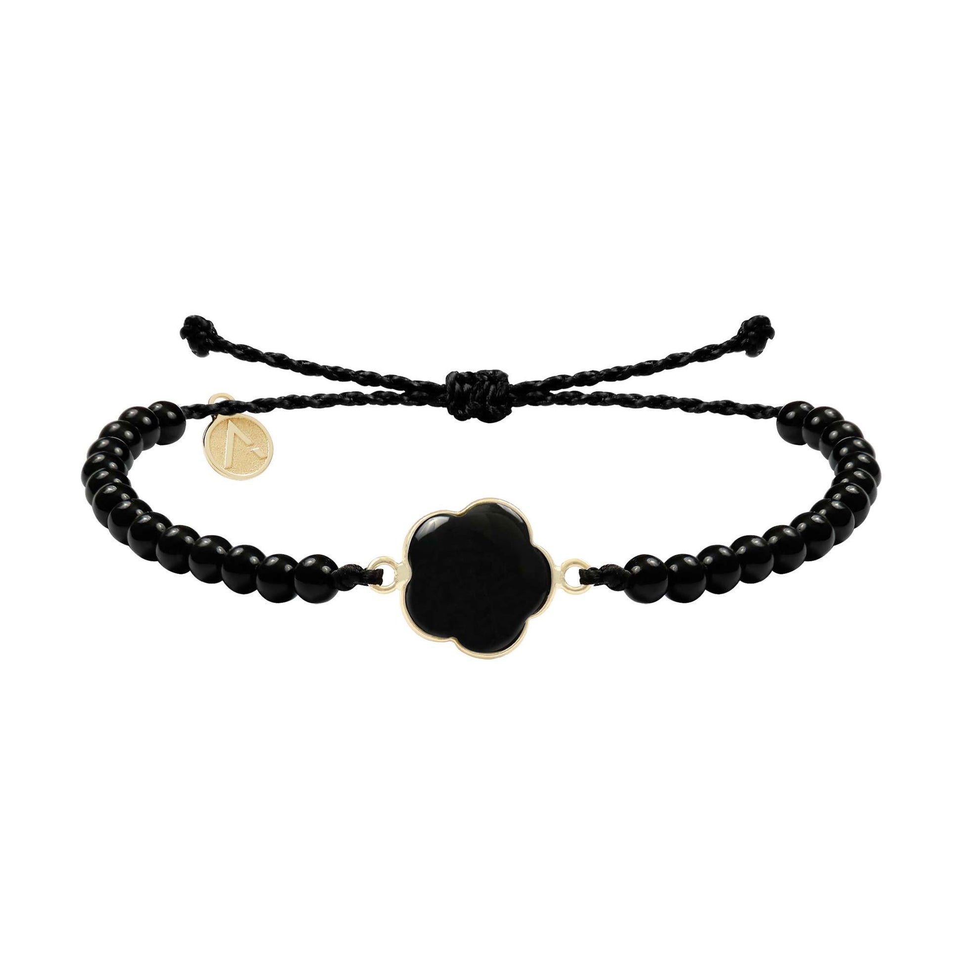Bratara ajustabila cu pandantiv floare, aur galben 9 K, pietre Onix, fir matase negru cerat