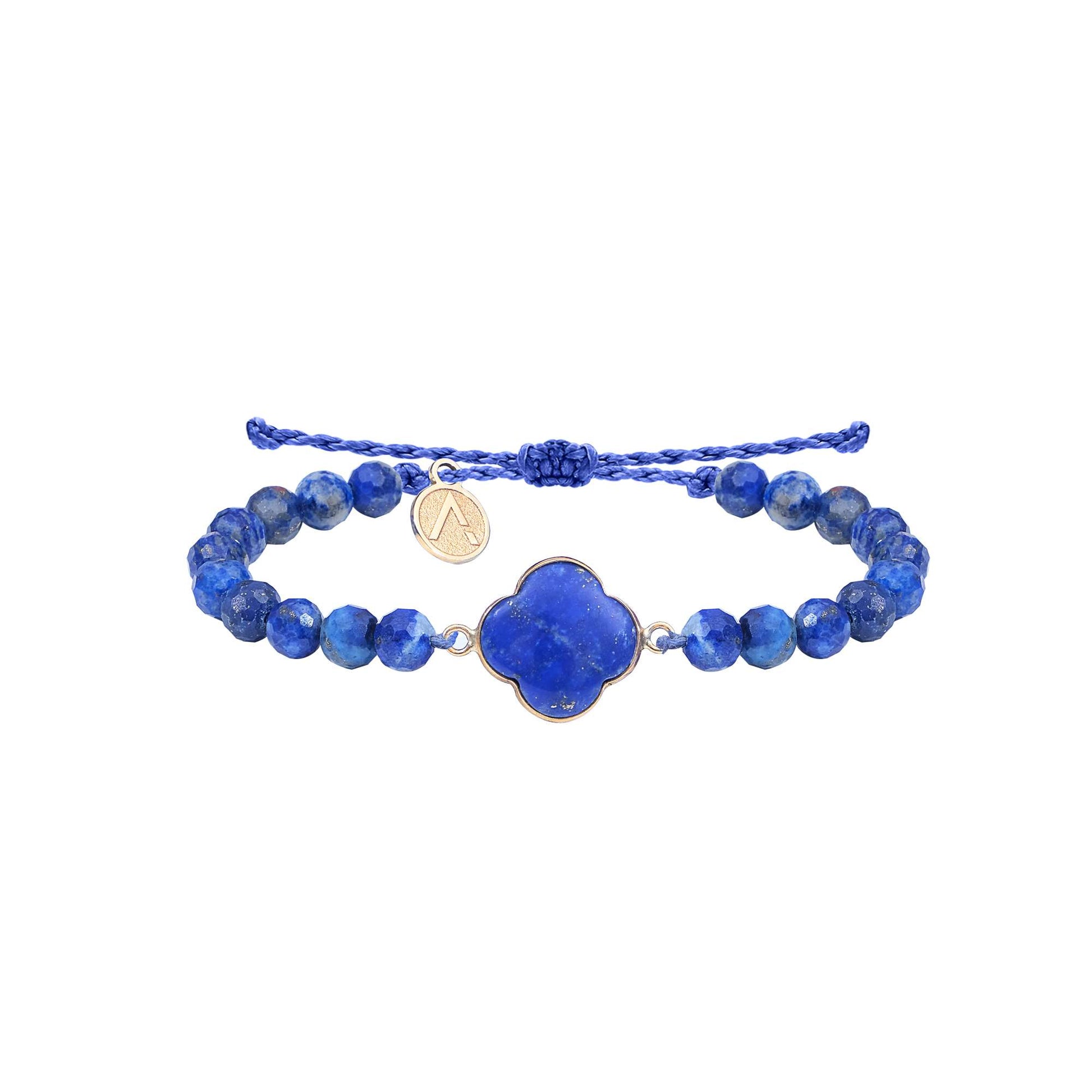 Bratara ajustabila fatetata, pandantiv cruce, aur galben 9 K, piatra Lapis Lazuli, fir matase
