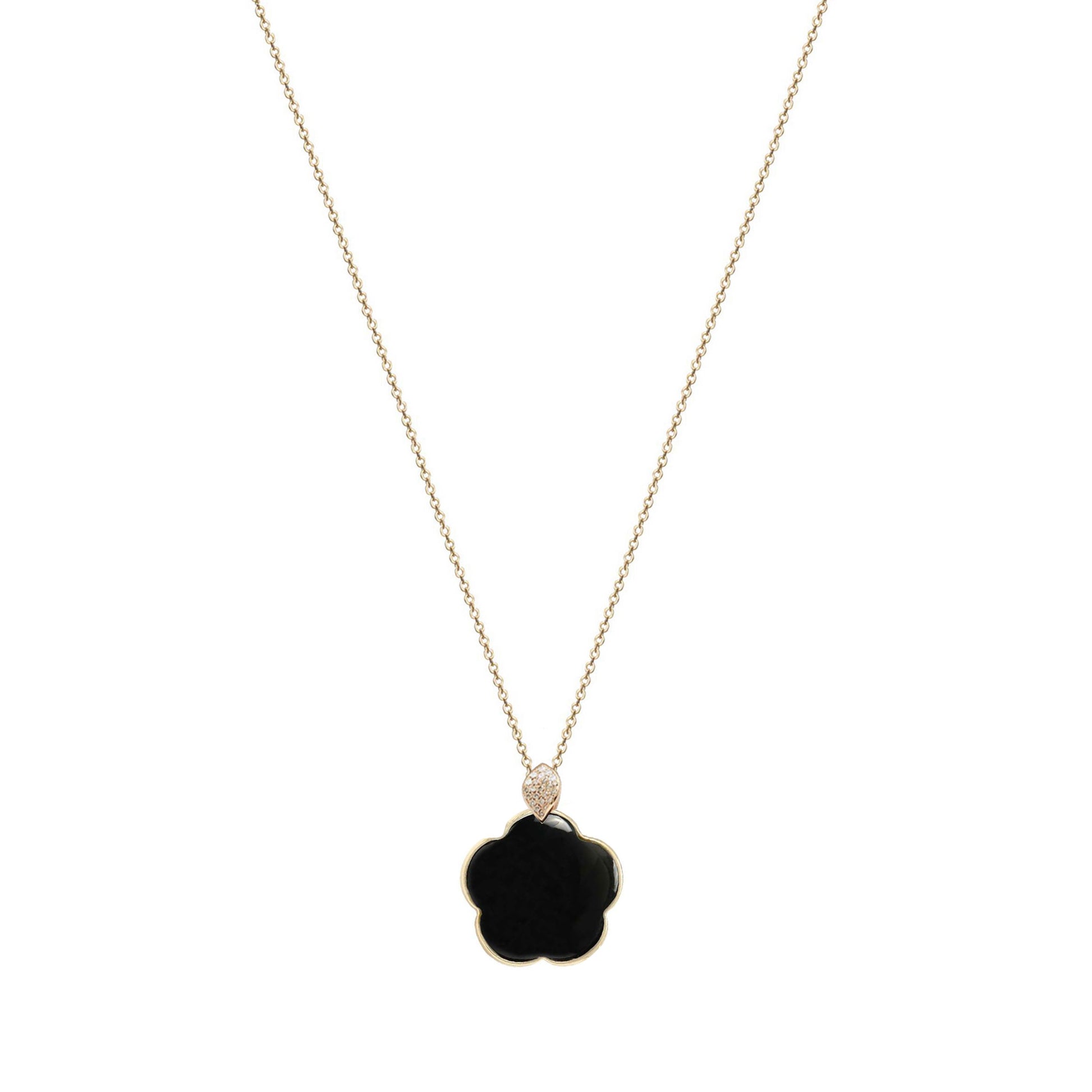 Lantisor cu diamante, pandantiv floare, aur galben 9K, piatra Onix
