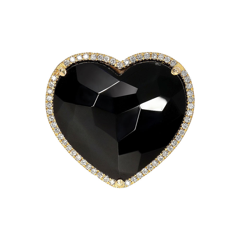 Inel cu diamante, pandantiv inima, aur galben 18K, piatra Onix