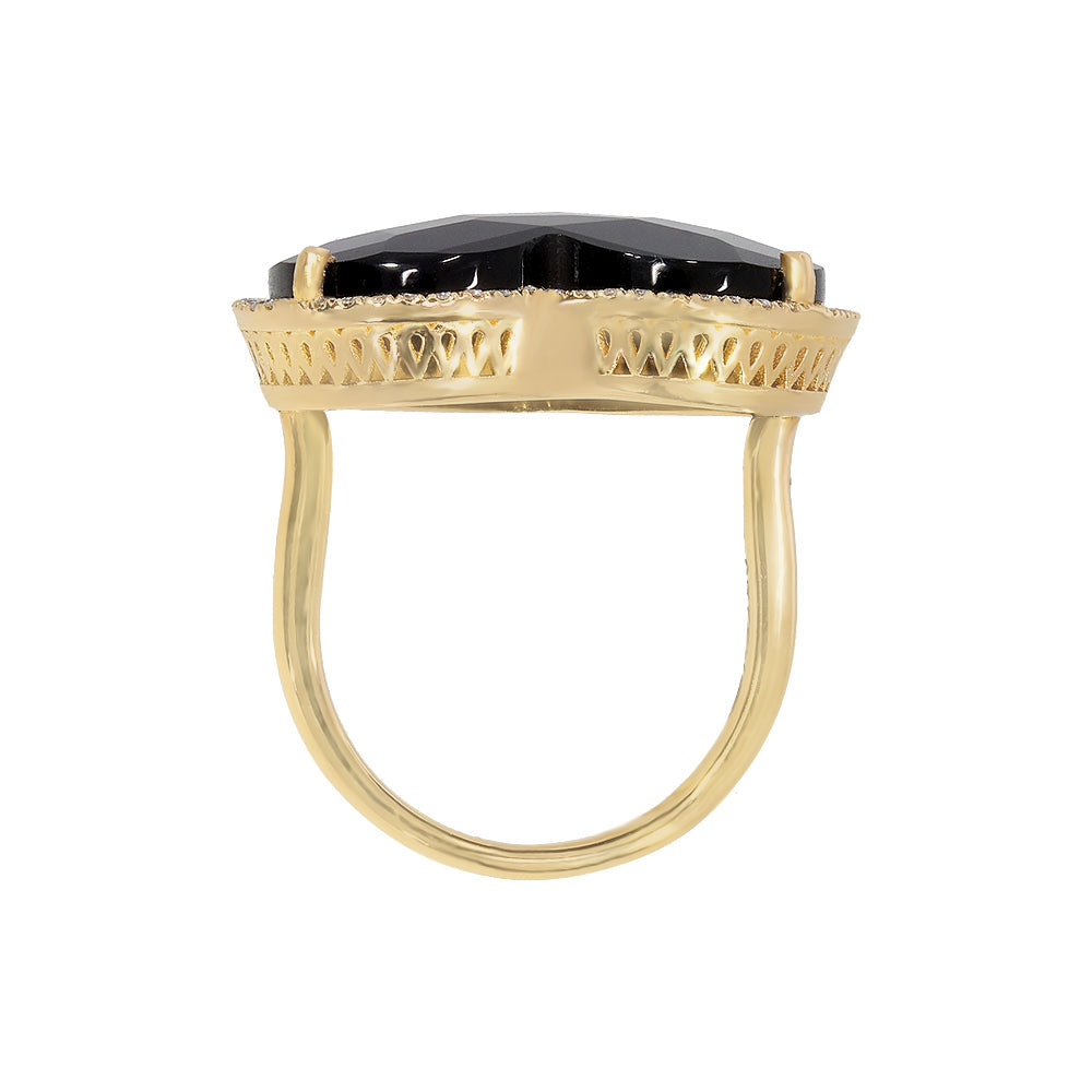 Inel cu diamante, pandantiv inima, aur galben 18K, piatra Onix