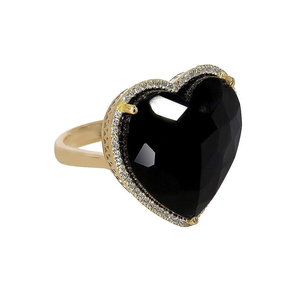 Inel cu diamante, pandantiv inima, aur galben 18K, piatra Onix