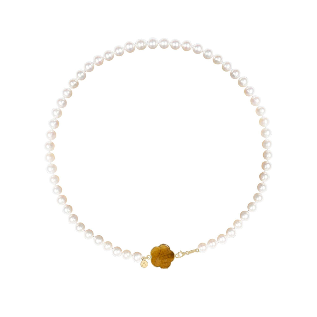 Colier scurt, perle naturale, aur galben 14K, pandantiv floare, aur galben 9 K, piatra Ochi de Tigru