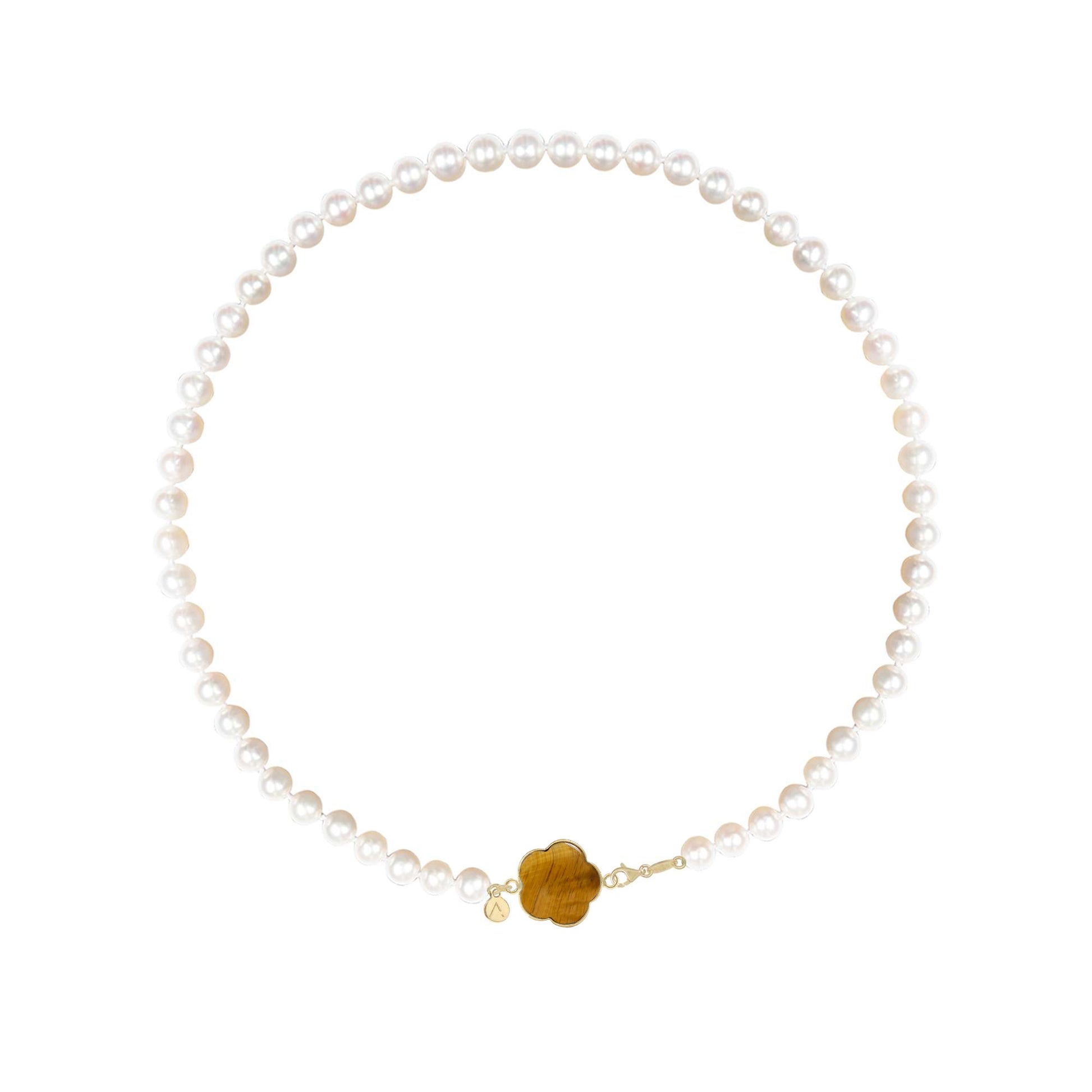 Colier scurt, perle naturale, aur galben 14K, pandantiv floare, aur galben 9 K, piatra Ochi de Tigru