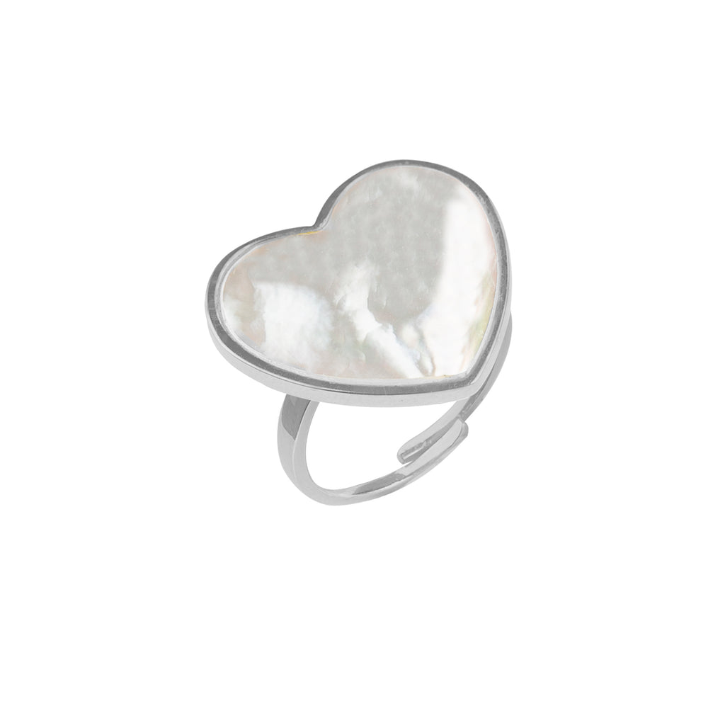 Inel ajustabil in forma de inima, argint 925, pietre Madre Perla si Zircon