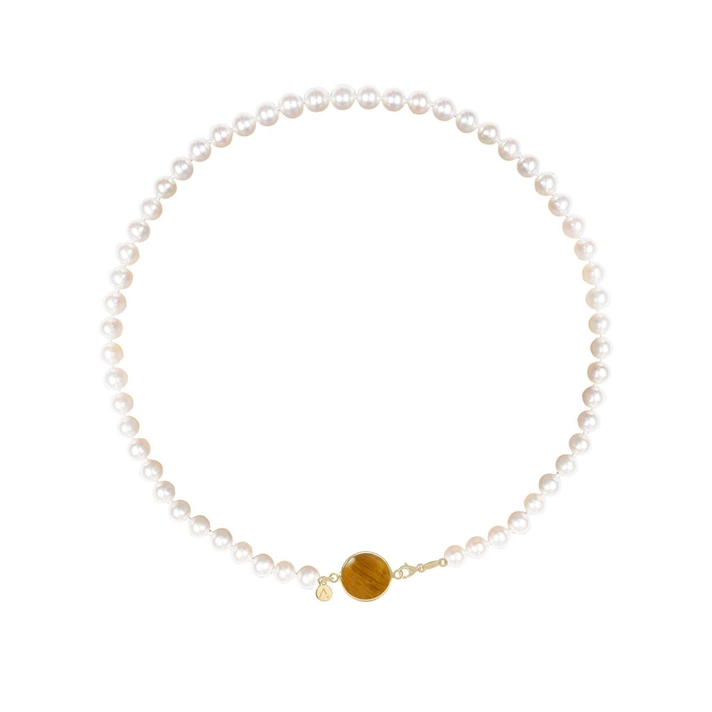 Colier scurt, perle naturale, aur galben 14 K, pandantiv cerc, aur galben 9 K, piatra Ochi de Tigru