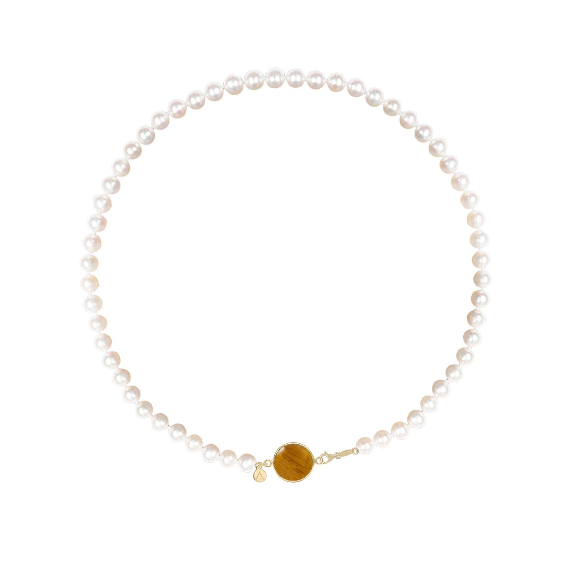 Colier scurt, perle naturale, aur galben 14 K, pandantiv cerc, aur galben 9 K, piatra Ochi de Tigru