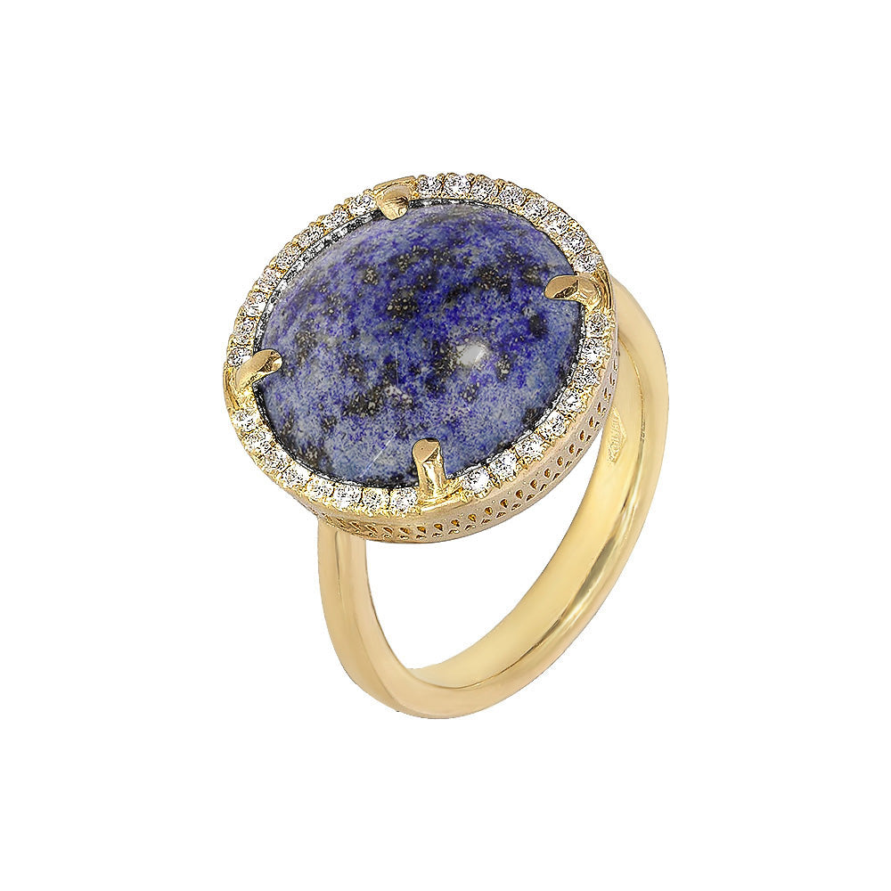 Inel cu diamante, pandantiv cerc, aur galben 18K, piatra Lapis Lazuli