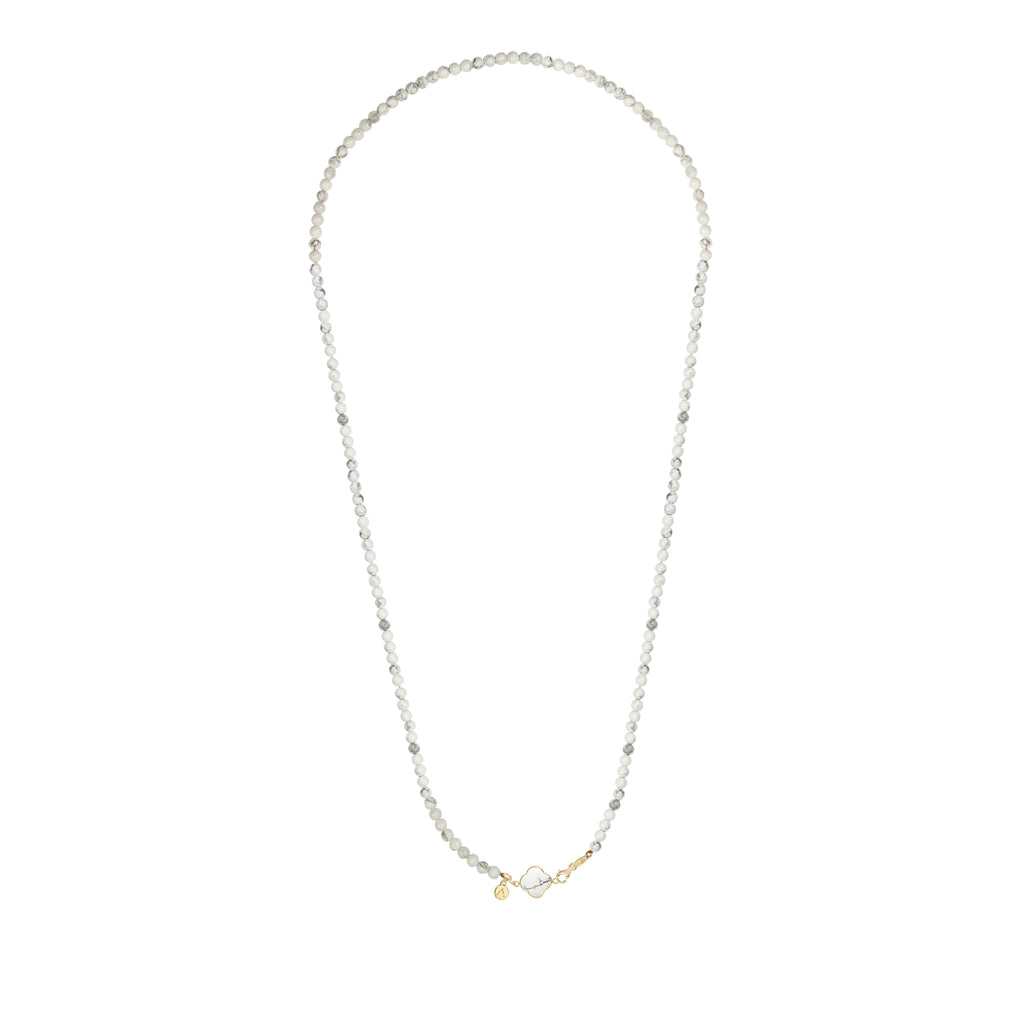 Colier lung cu pietre naturale, pandantiv cruce detasabil, aur galben 9 K, pietre Howlite