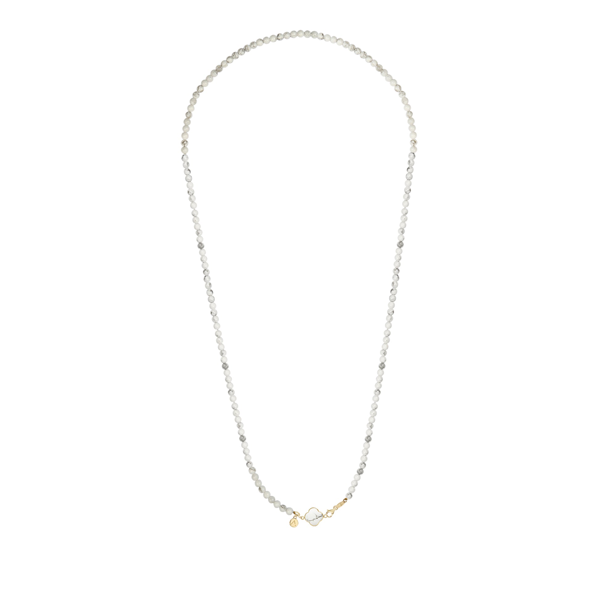 Colier lung cu pietre naturale, pandantiv cruce detasabil, aur galben 9 K, pietre Howlite