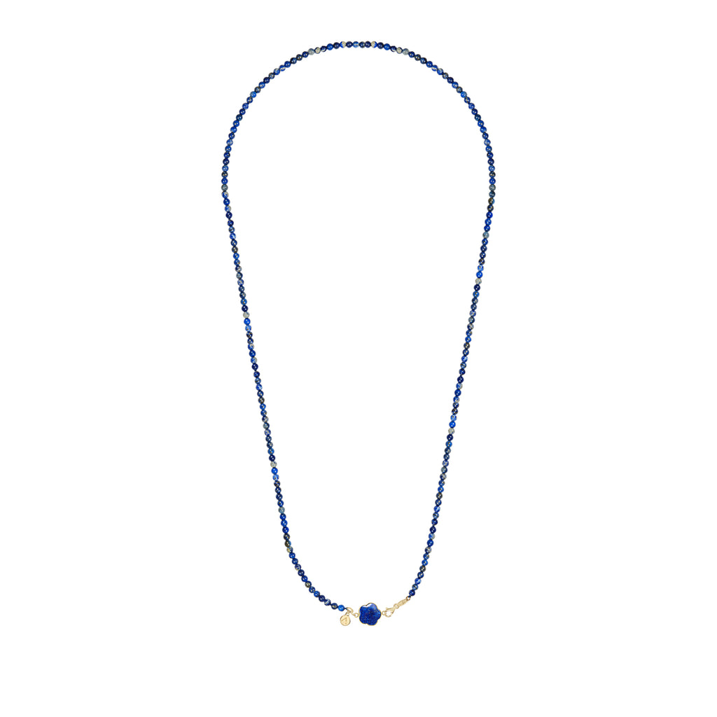Colier lung cu pietre naturale, pandantiv floare detasabil, aur galben 9 K, pietre Lapis Lazuli