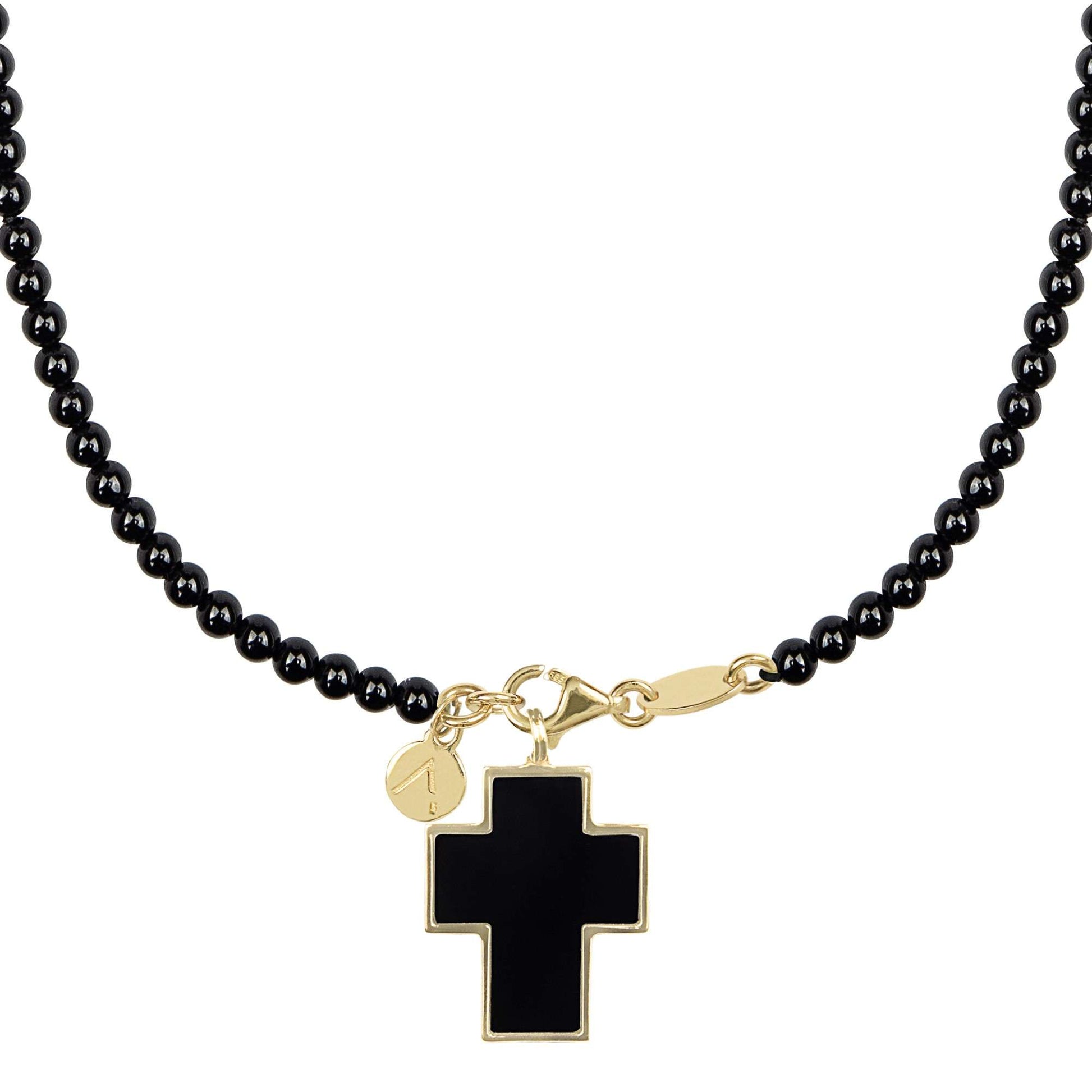 Colier scurt cu pietre naturale, pandantiv cruce detasabil, aur galben 14 K, piatra Onix