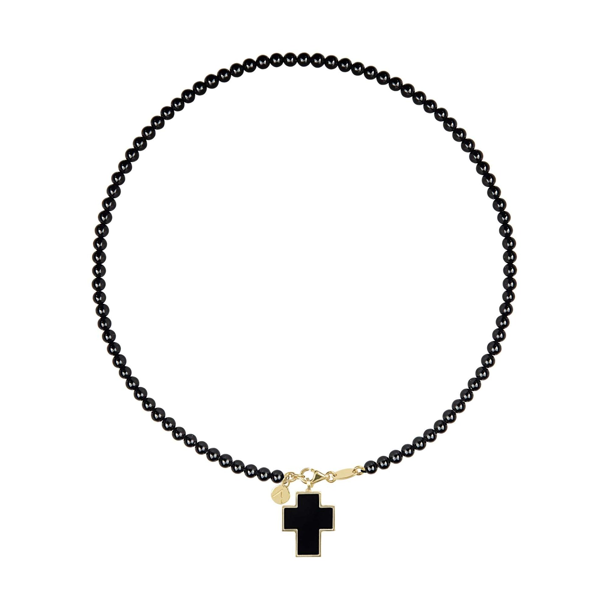 Colier scurt cu pietre naturale, pandantiv cruce detasabil, aur galben 14 K, piatra Onix