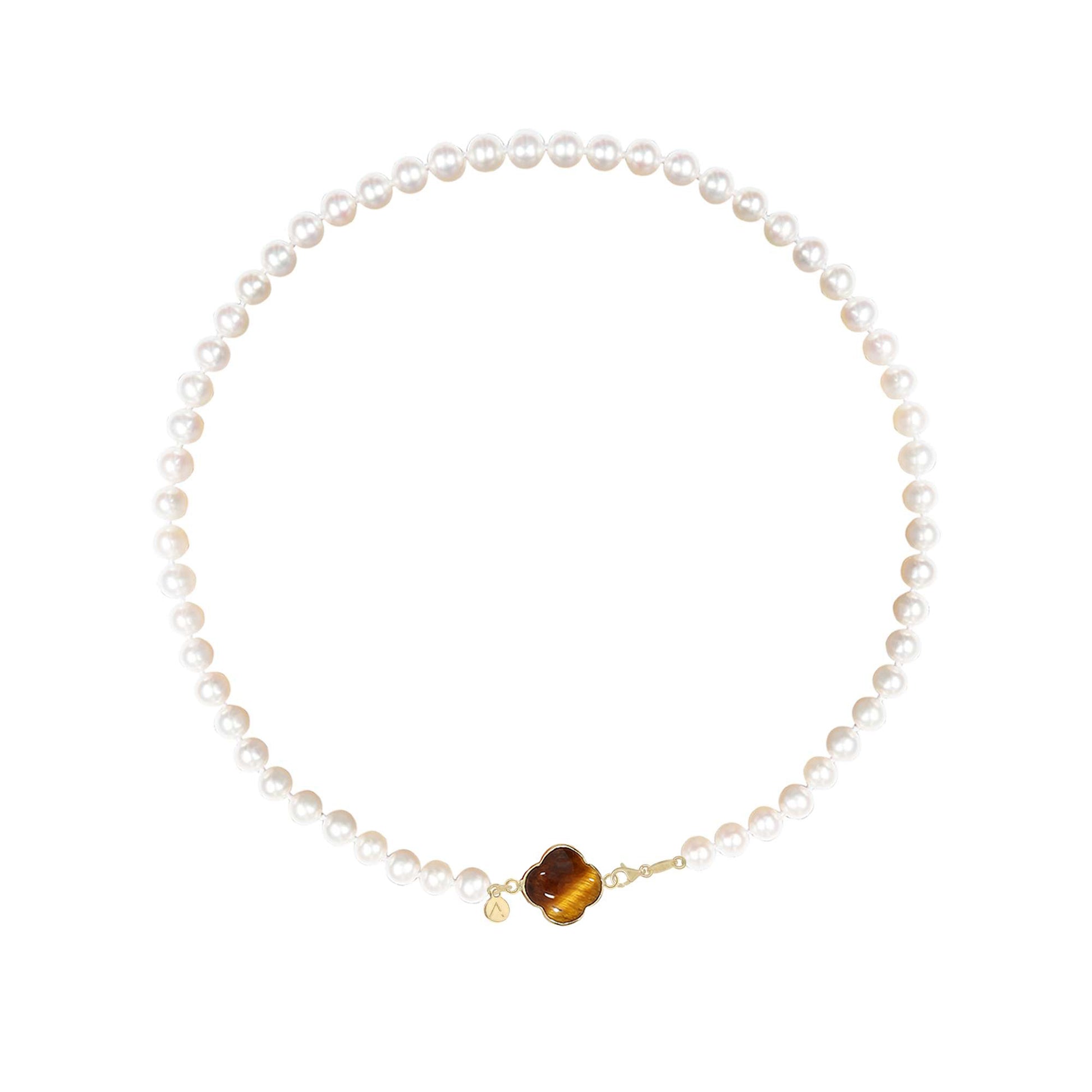 Colier scurt, perle naturale, aur galben 14 K, pandantiv cruce, aur galben 9 K, piatra Ochi de Tigru