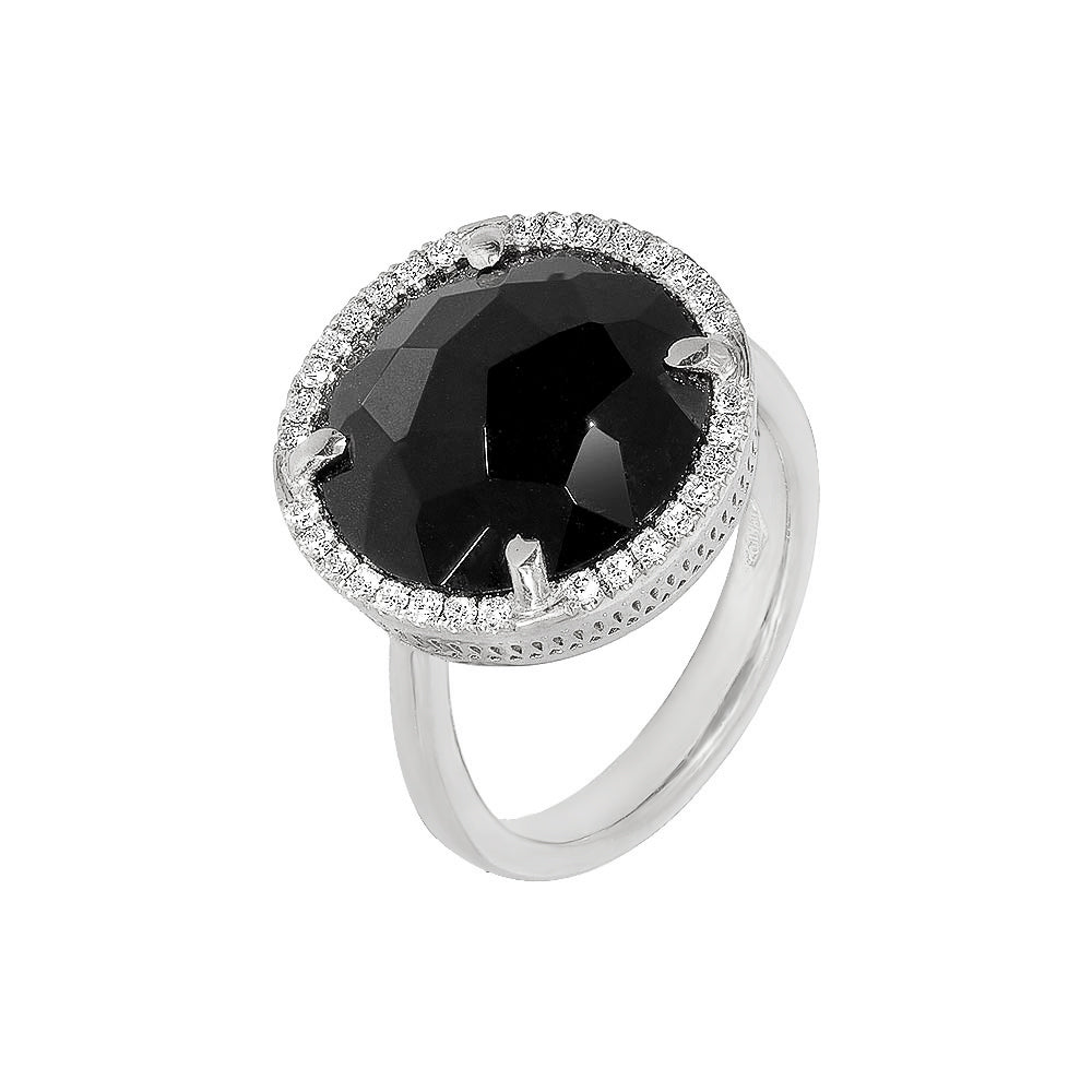 Inel cu diamante, pandantiv cerc, aur alb 18K, piatra Onix