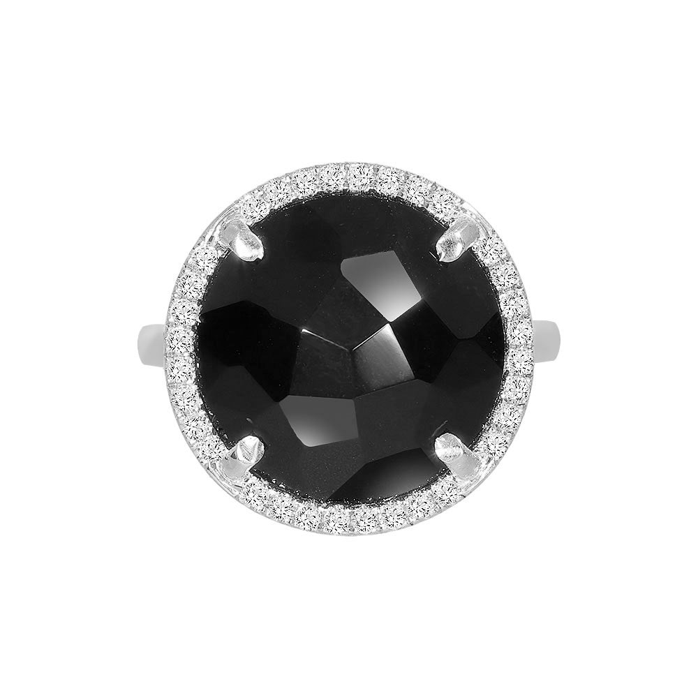 Inel cu diamante, pandantiv cerc, aur alb 18K, piatra Onix