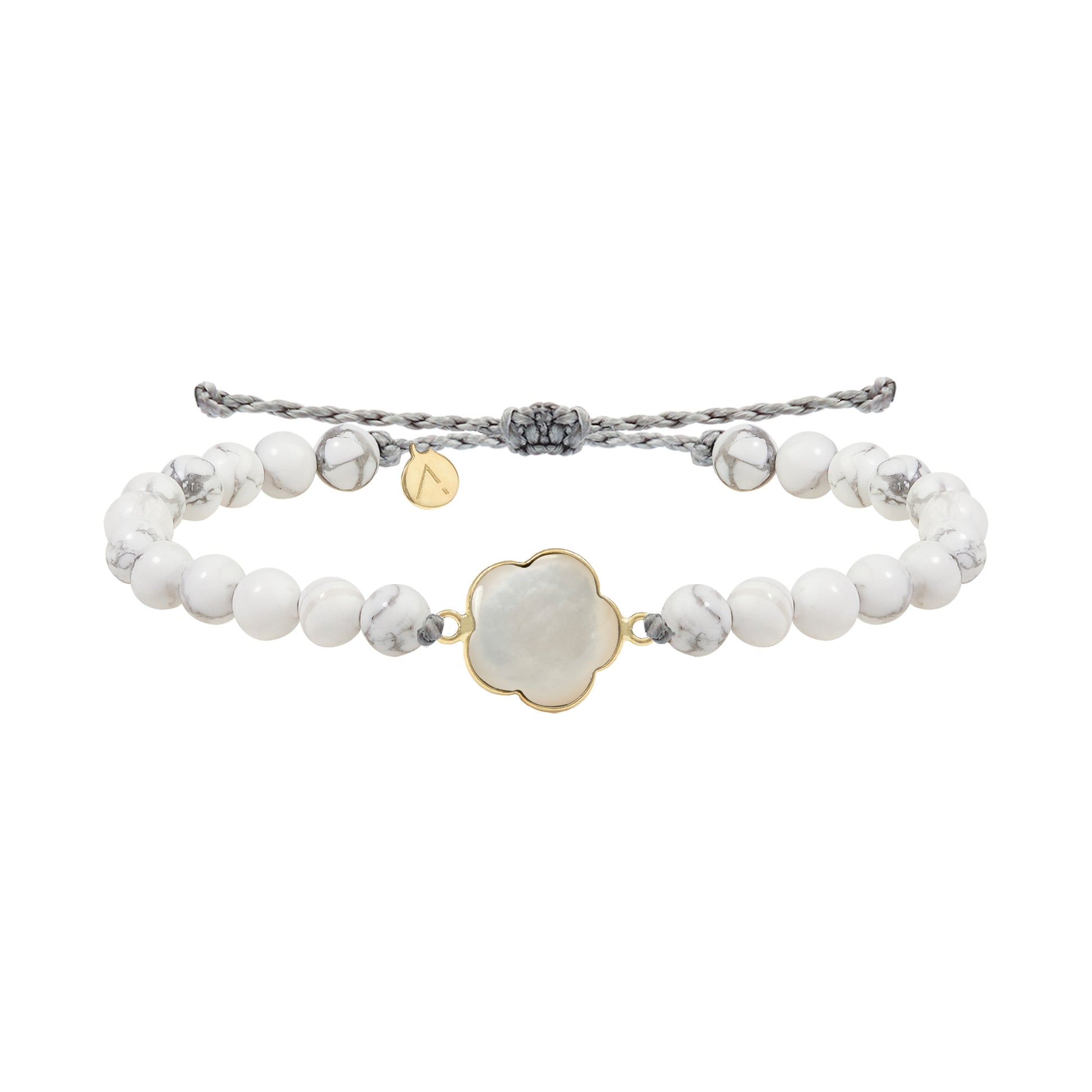 Bratara ajustabila cu pandantiv floare, aur galben 9 K, pietre Madre Perla si Howlite, fir matase