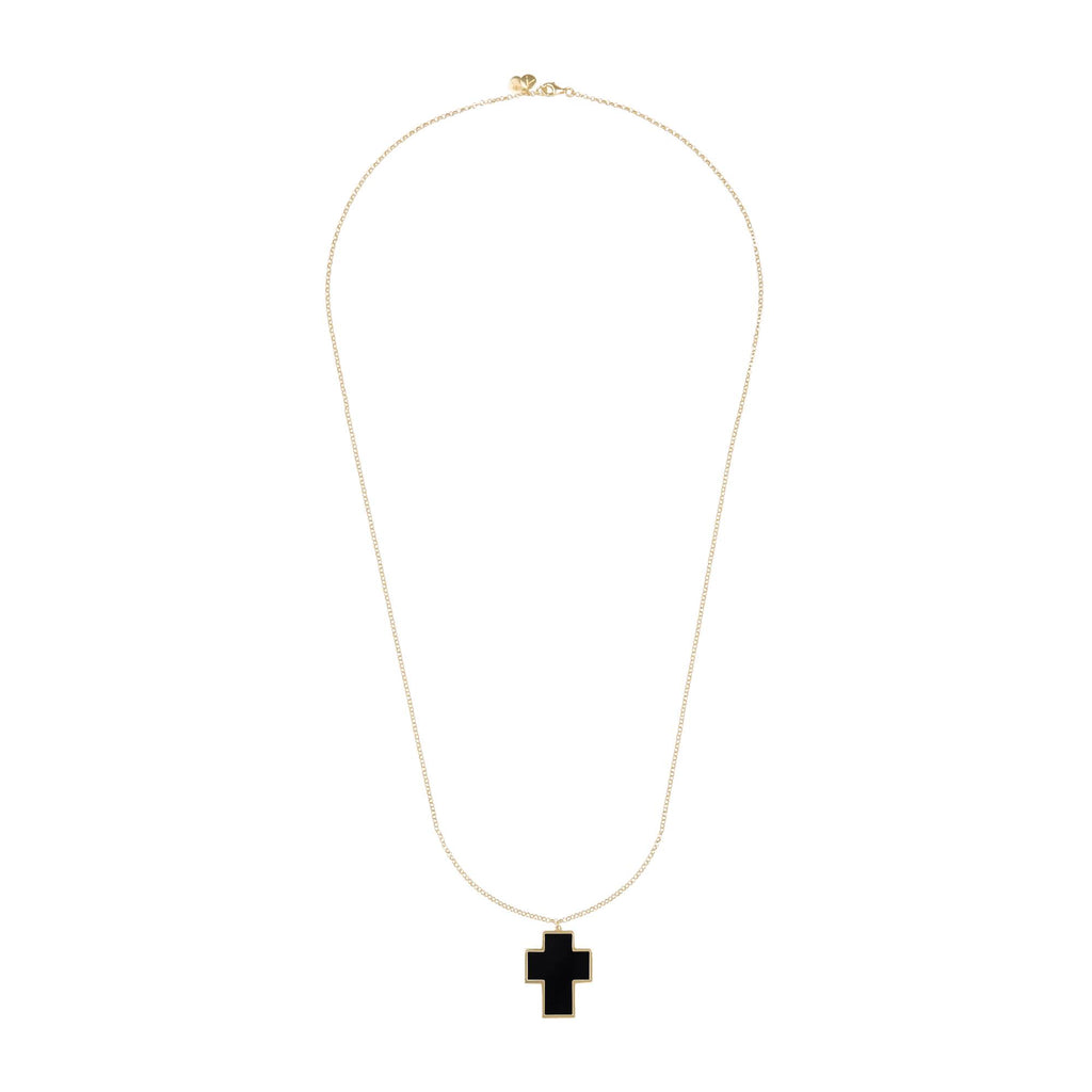 Lantisor cu pandantiv cruce, aur galben 14 K, dimensiune: 60cm, piatra Onix