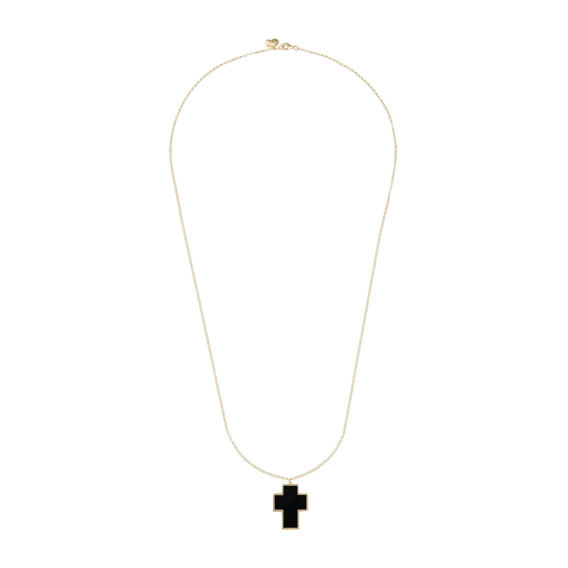 Lantisor cu pandantiv cruce, aur galben 14 K, dimensiune: 60cm, piatra Onix