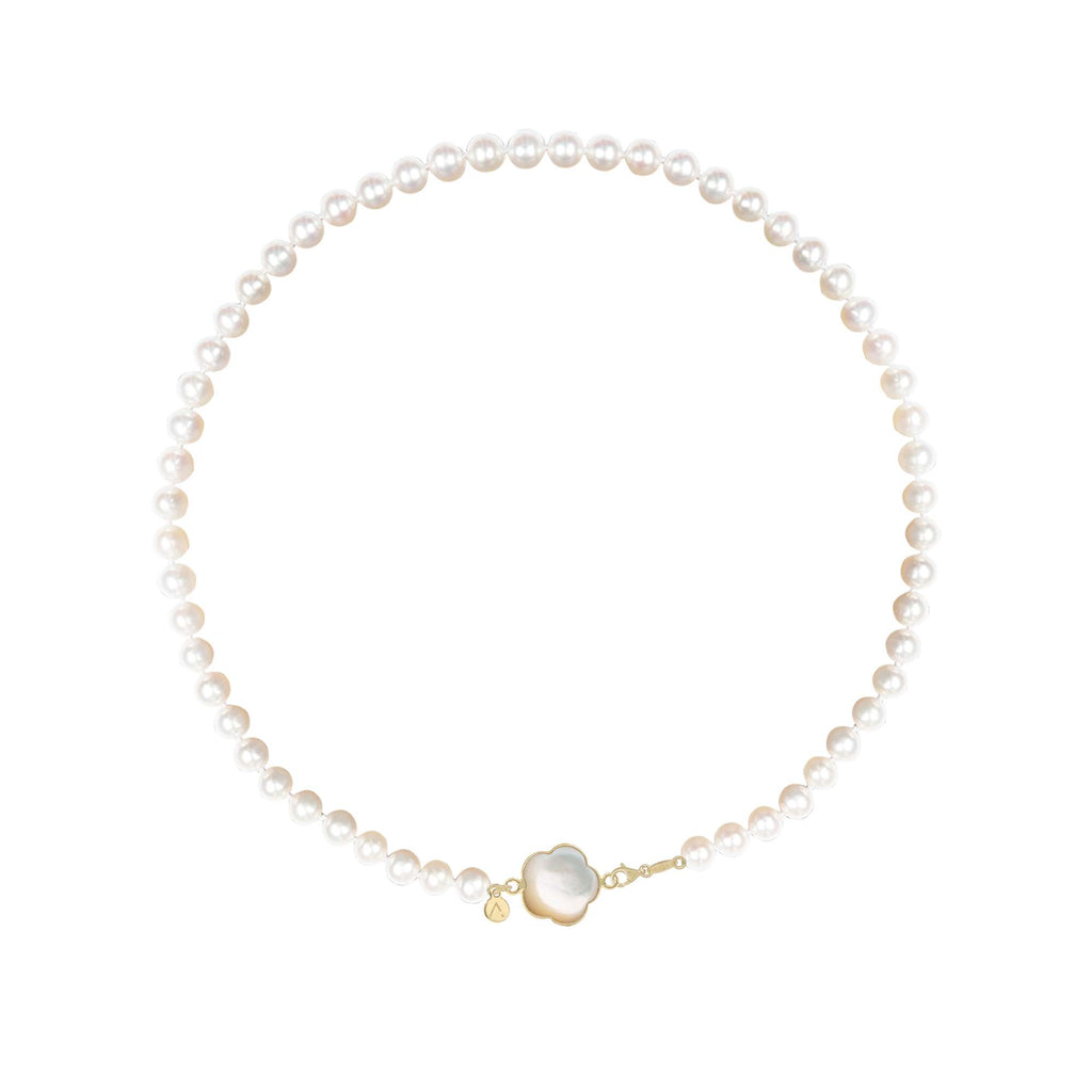 Colier scurt cu perle naturale, aur galben 14K, pandantiv floare, aur galben 9 K, piatra Madre Perla