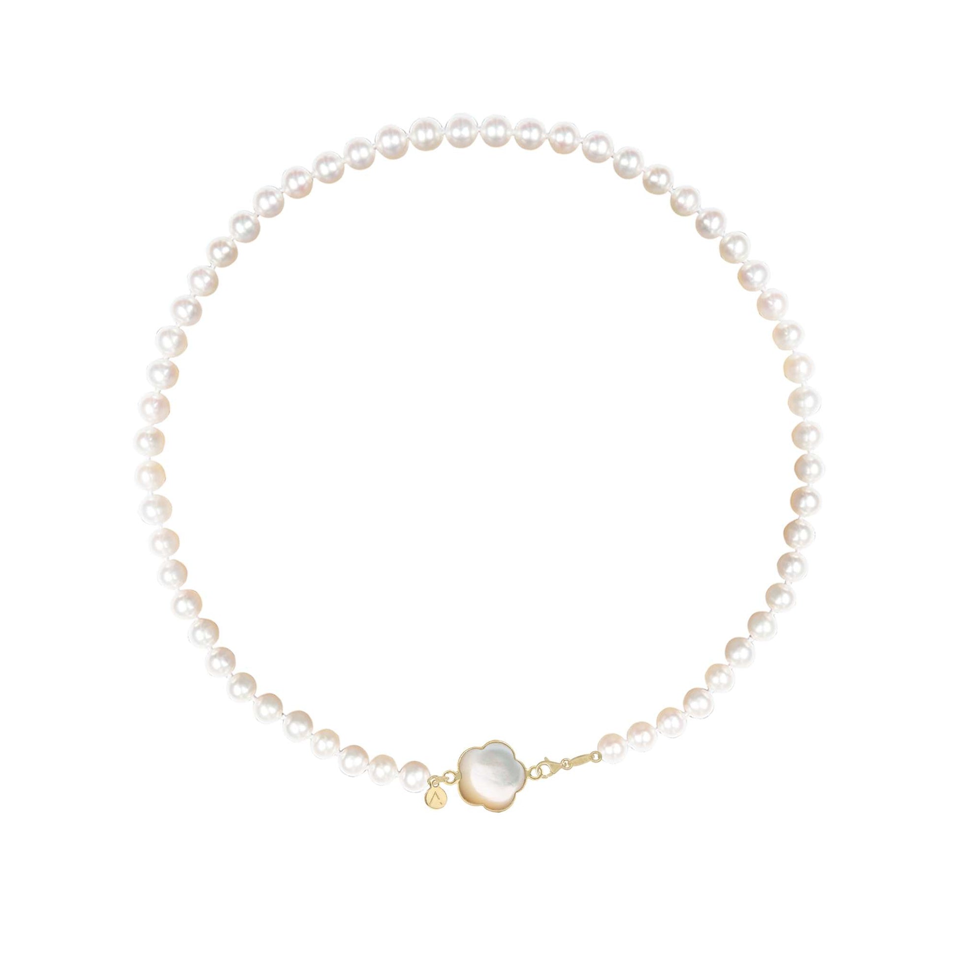 Colier scurt cu perle naturale, aur galben 14K, pandantiv floare, aur galben 9 K, piatra Madre Perla
