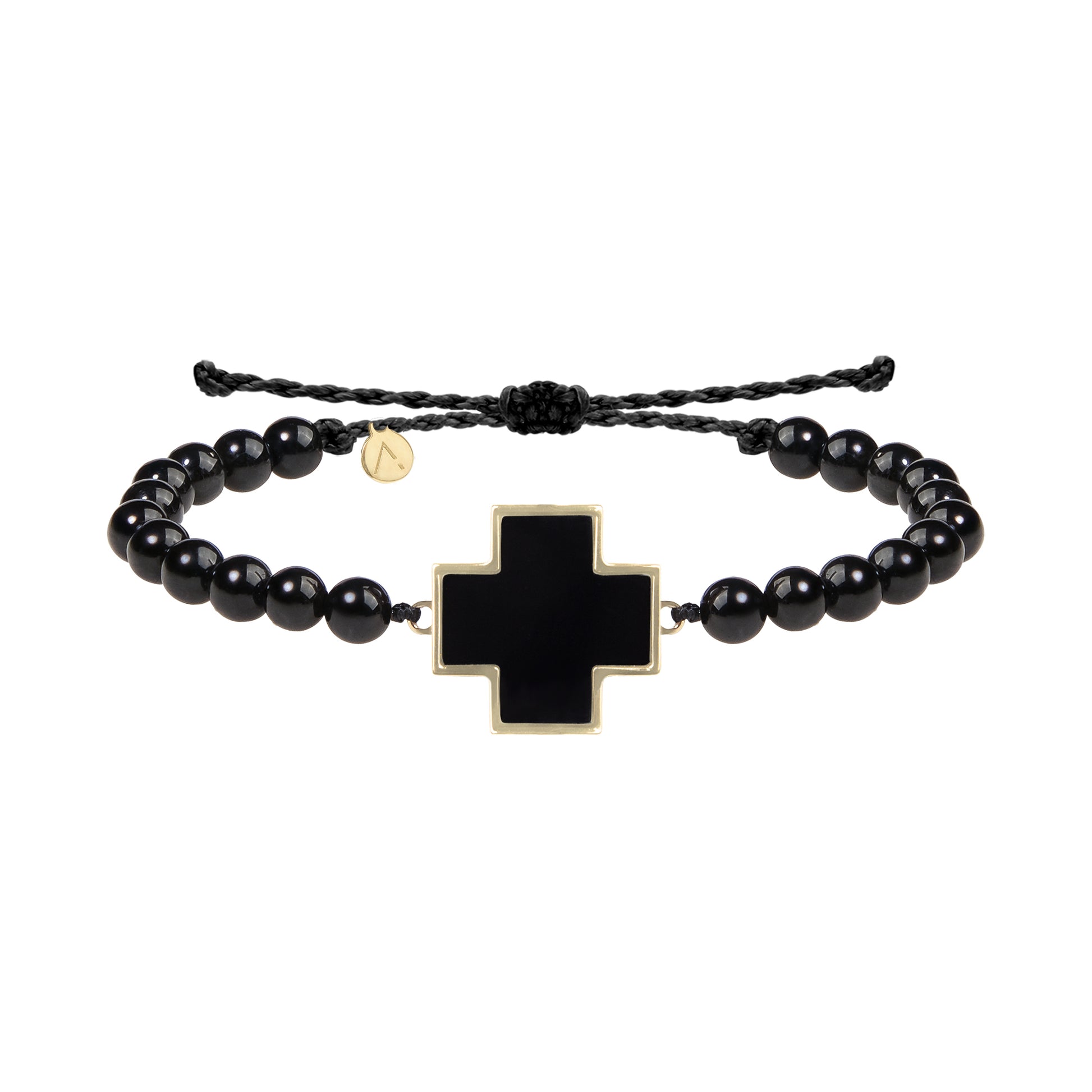 Bratara ajustabila cu pandantiv cruce, aur galben 14 K, pietre Onix, fir matase negru cerat