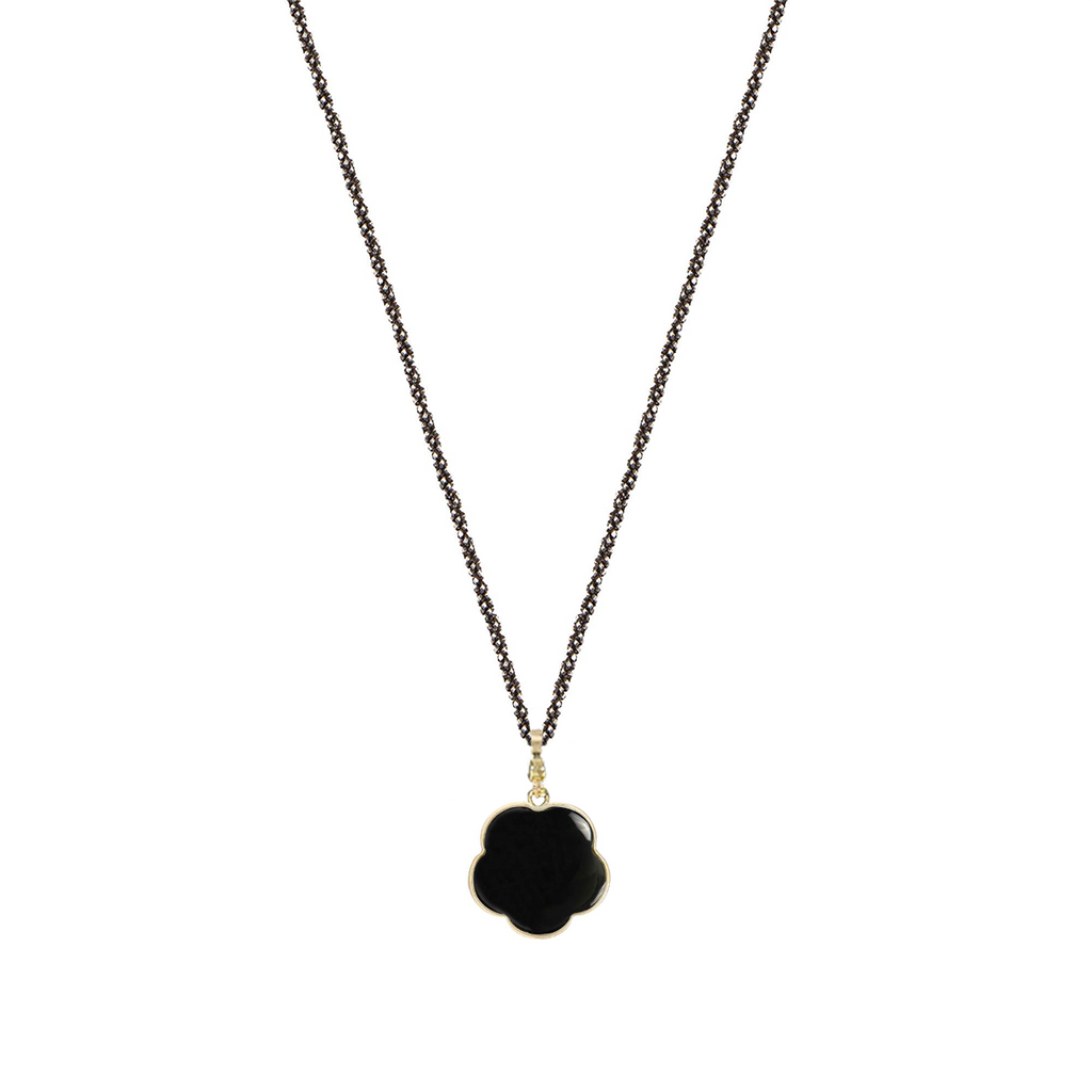 Lantisor lung argint negru diamantat si rasucit cu pandantiv floare aur 9k, piatra Onix
