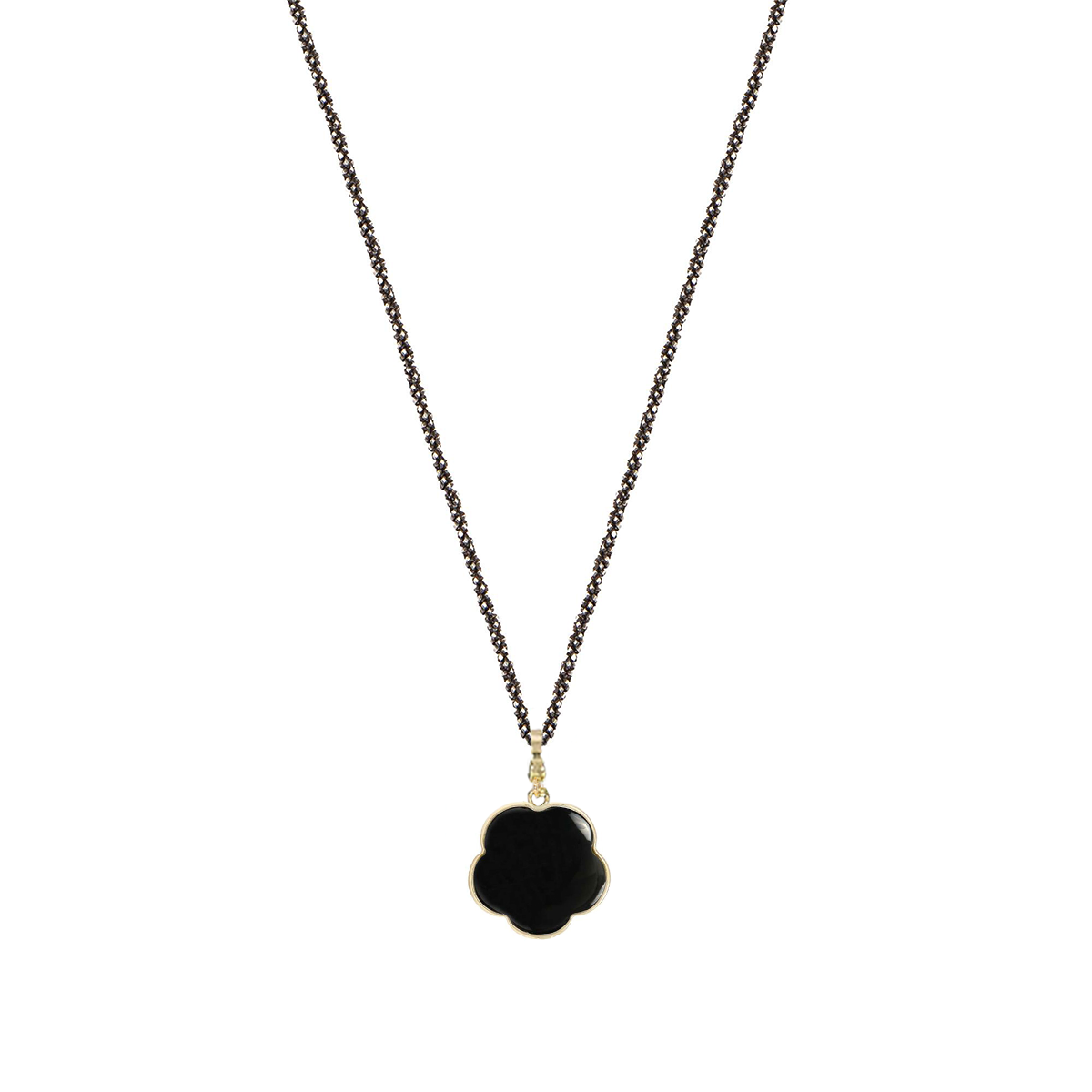Lantisor lung argint negru diamantat si rasucit cu pandantiv floare aur 9k, piatra Onix