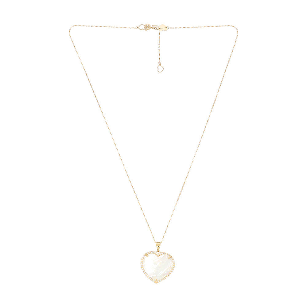 Lantisor cu diamante, pandantiv inima, aur galben 18K, piatra Madre Perla
