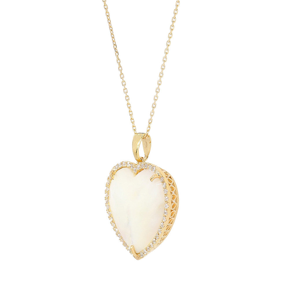 Lantisor cu diamante, pandantiv inima, aur galben 18K, piatra Madre Perla