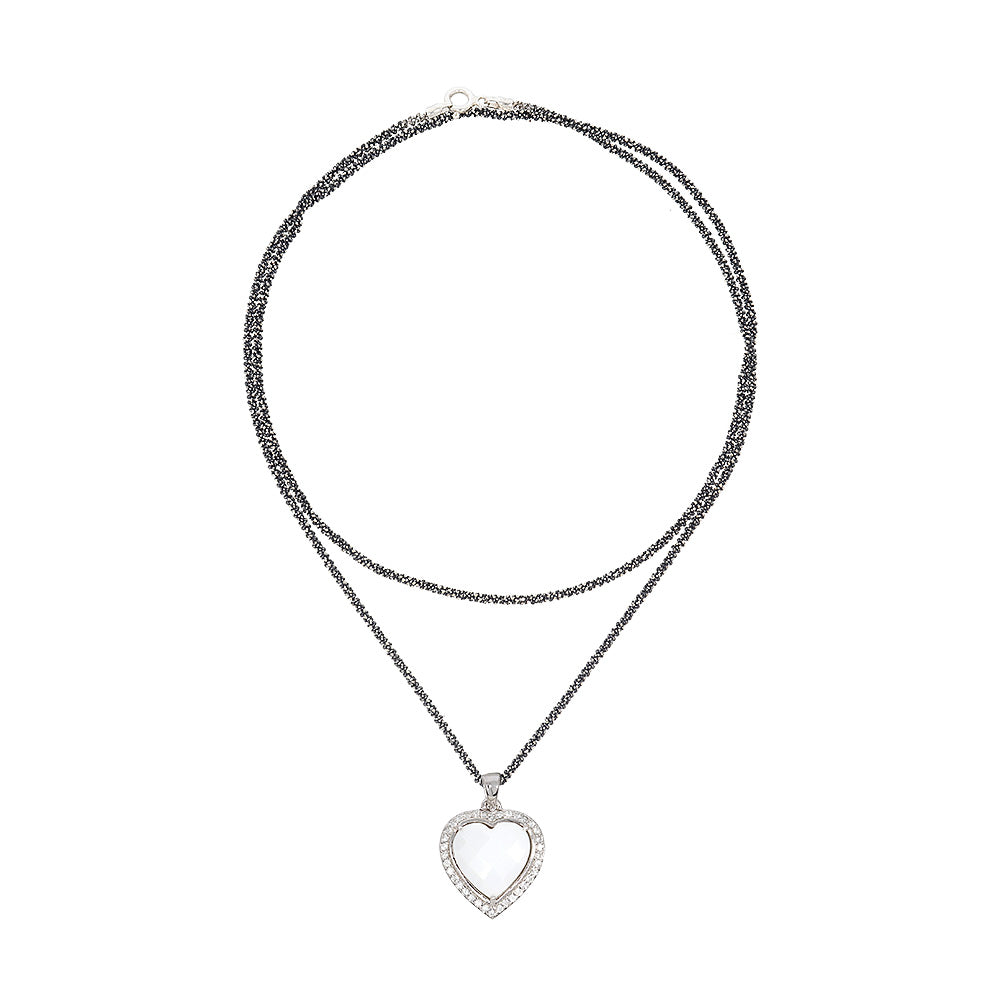 Lantisor lung diamantat cu pandantiv inima, argint 925, pietre Safir alb si Onix alb, fatetat