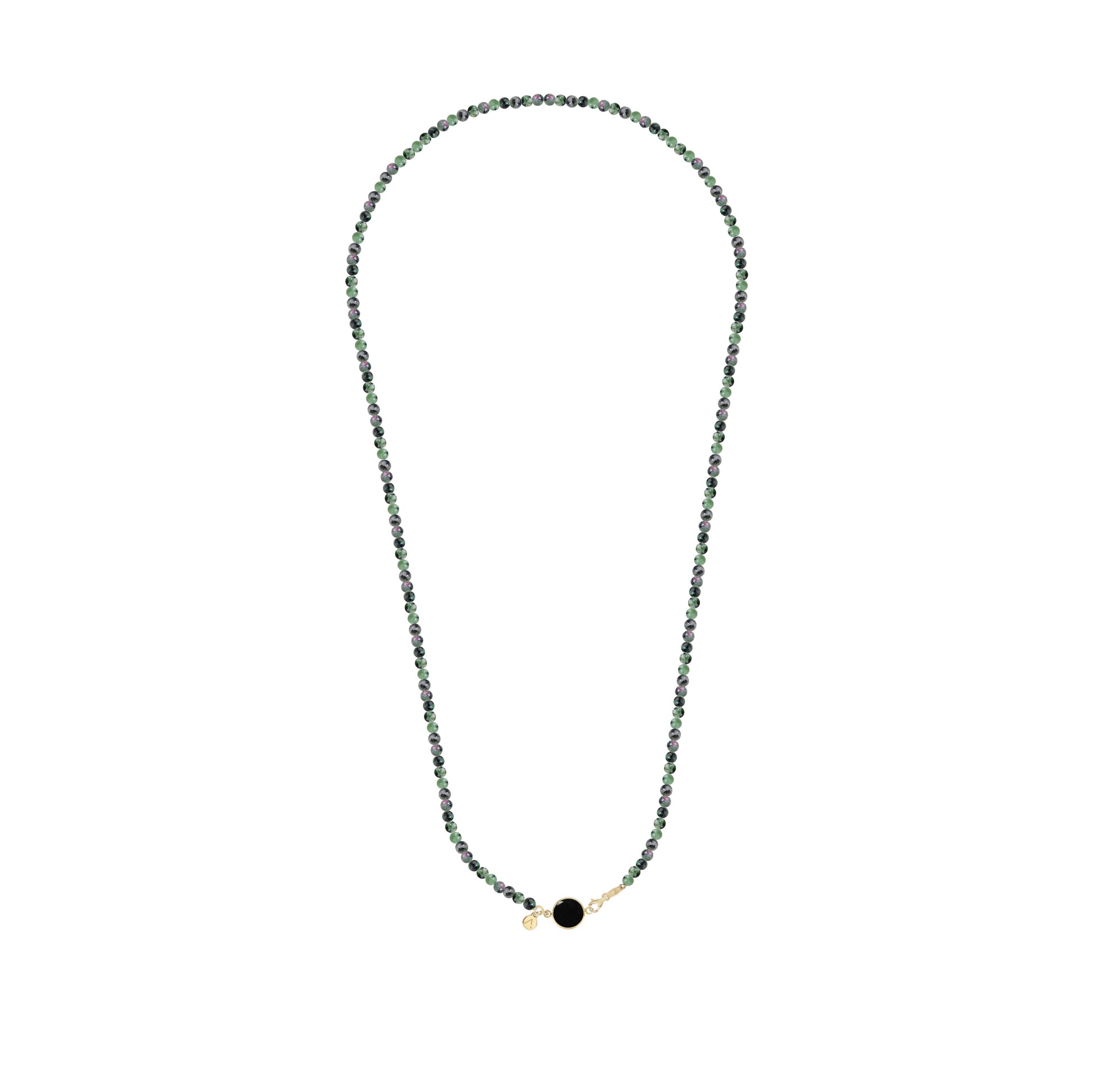 Colier lung cu pietre naturale, pandantiv cerc Onix detasabil, aur galben 9 K, pietre Anyolite