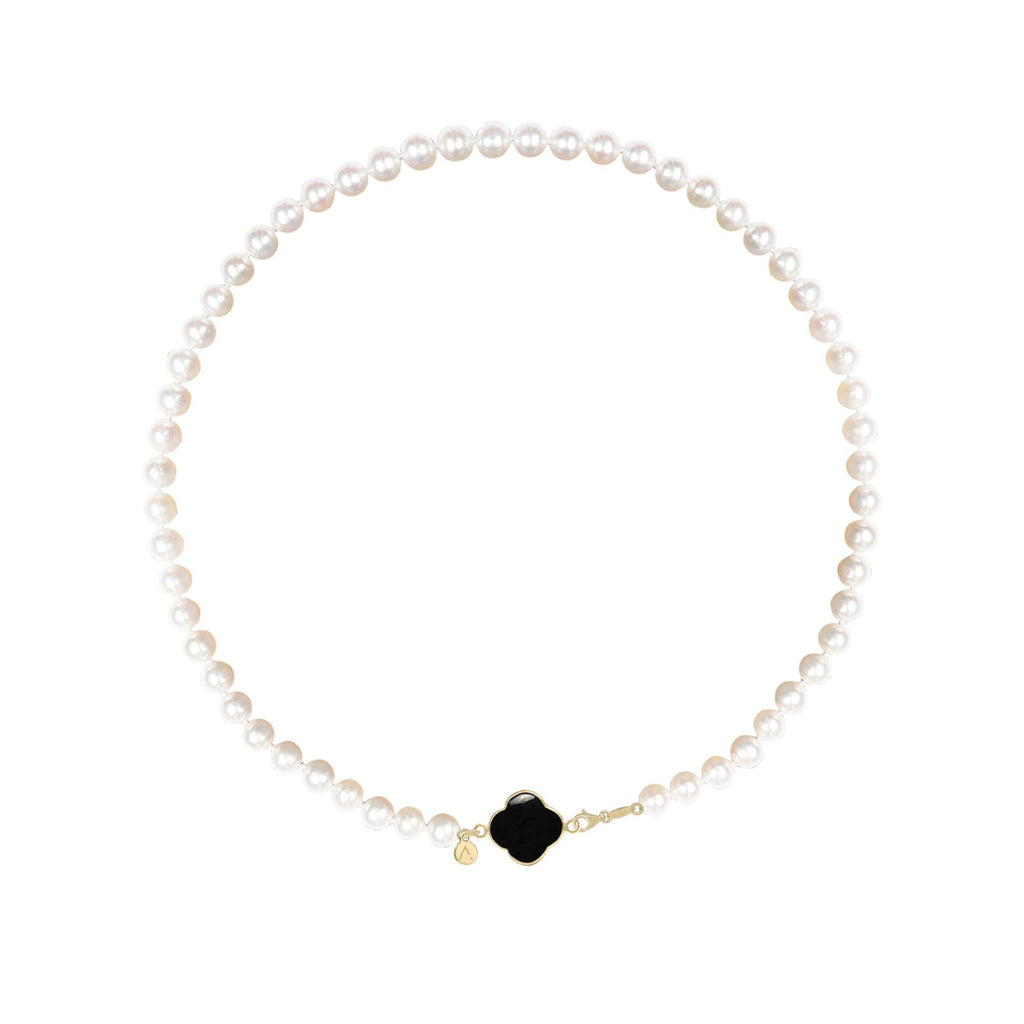 Colier scurt cu perle naturale, aur galben 14 K, pandantiv cruce, aur galben 9 K, piatra Onix