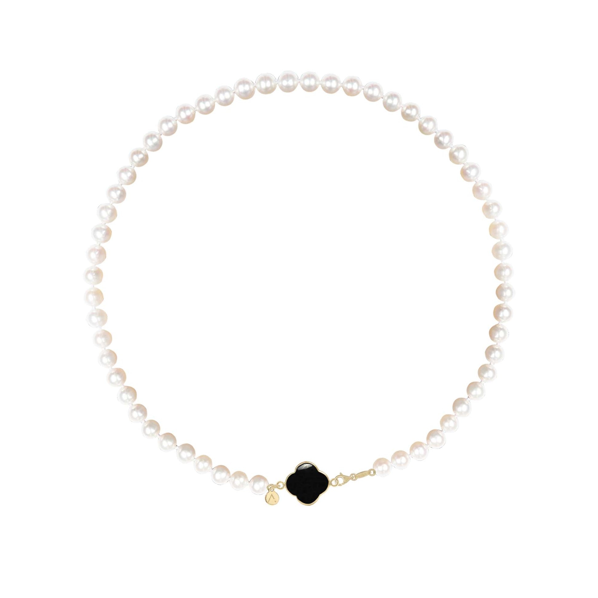 Colier scurt cu perle naturale, aur galben 14 K, pandantiv cruce, aur galben 9 K, piatra Onix