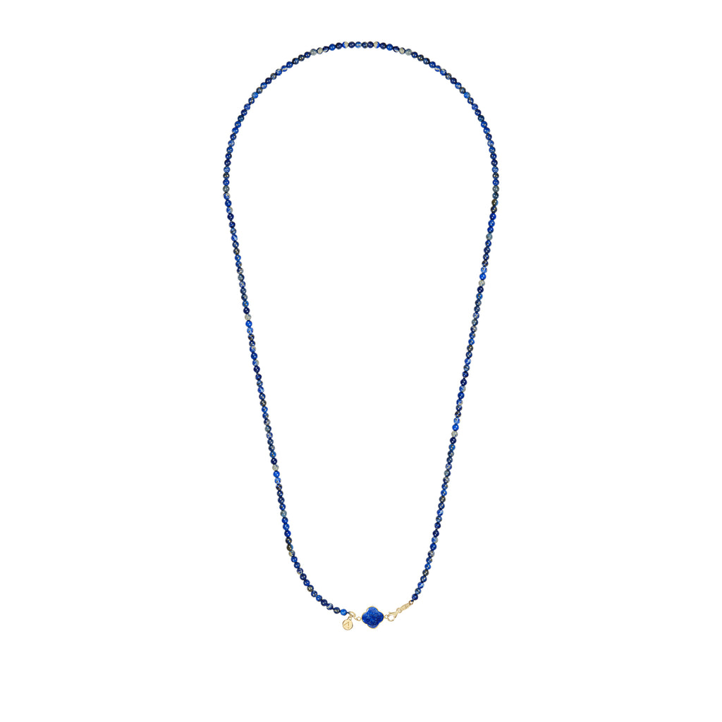Colier lung cu pietre naturale, pandantiv cruce detasabil, aur galben 9 K, pietre Lapis Lazuli