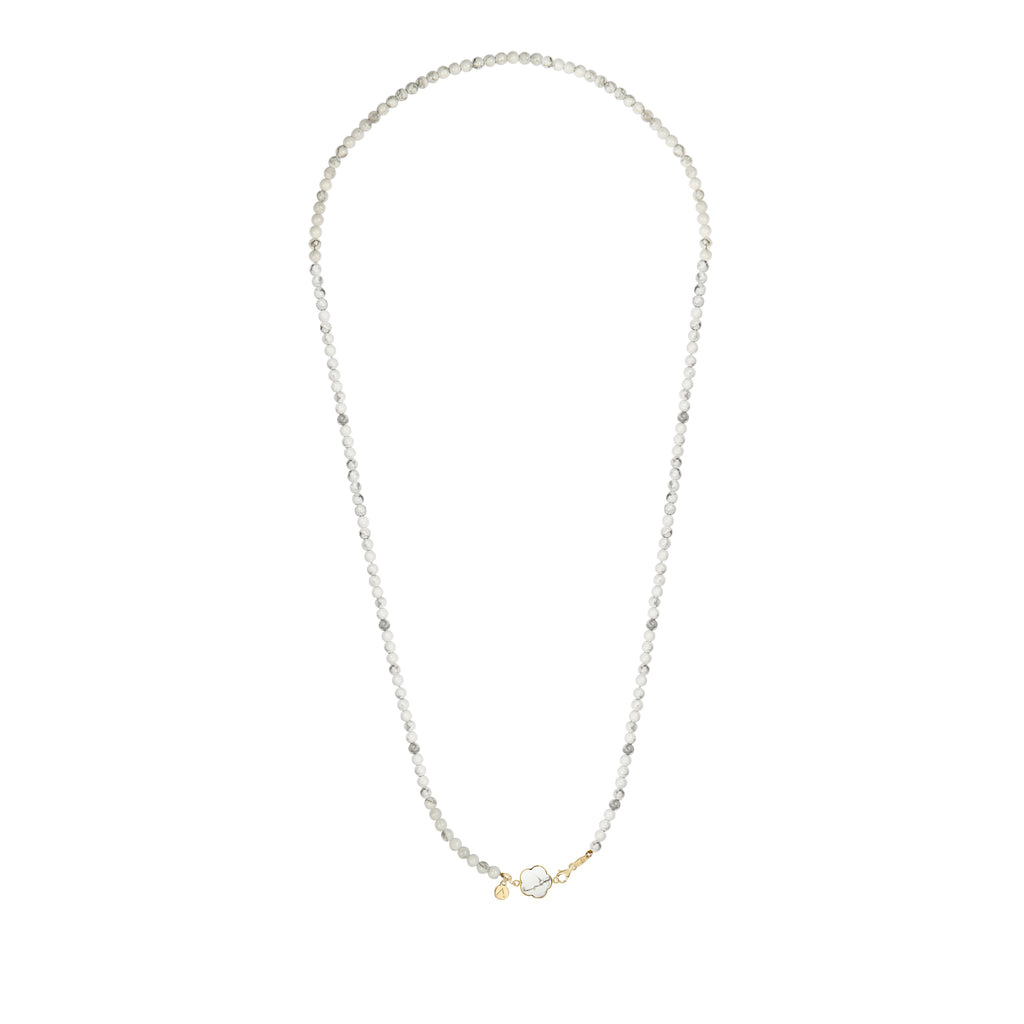 Colier lung cu pietre naturale, pandantiv floare detasabil, aur galben 9 K, pietre Howlite