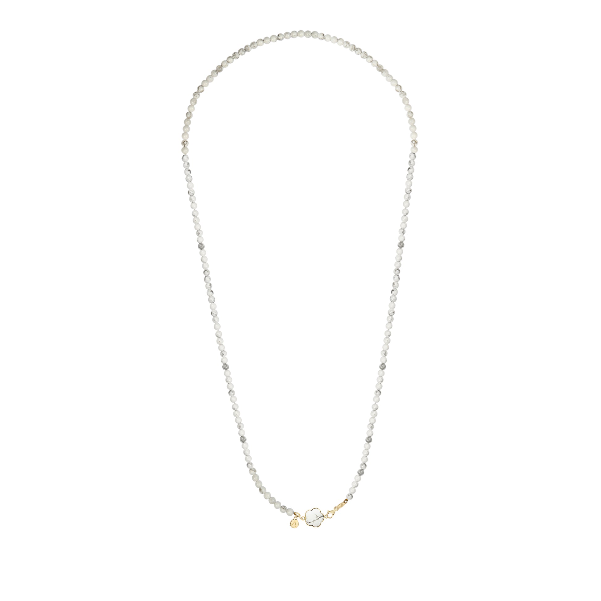 Colier lung cu pietre naturale, pandantiv floare detasabil, aur galben 9 K, pietre Howlite