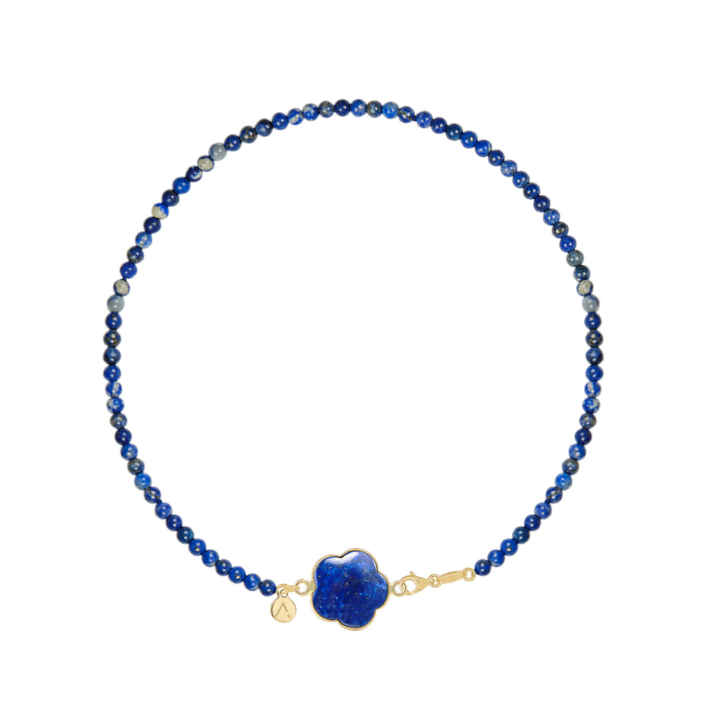 Colier scurt cu pietre naturale, pandantiv floare detasabil, aur galben 9 K, pietre Lapis Lazuli