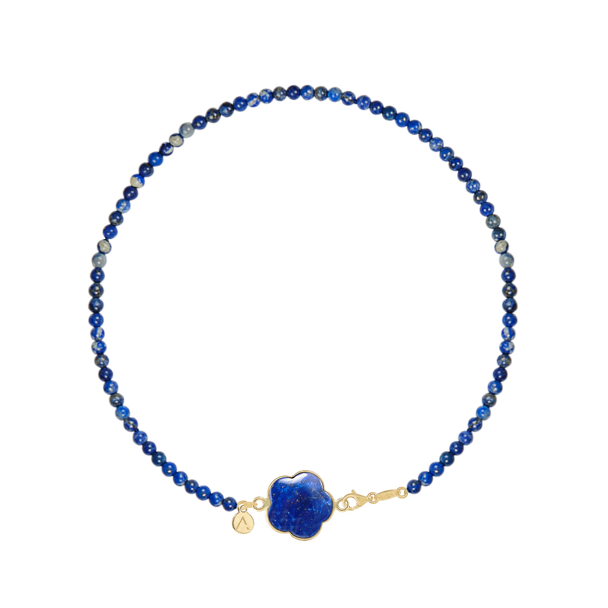 Colier scurt cu pietre naturale, pandantiv floare detasabil, aur galben 9 K, pietre Lapis Lazuli