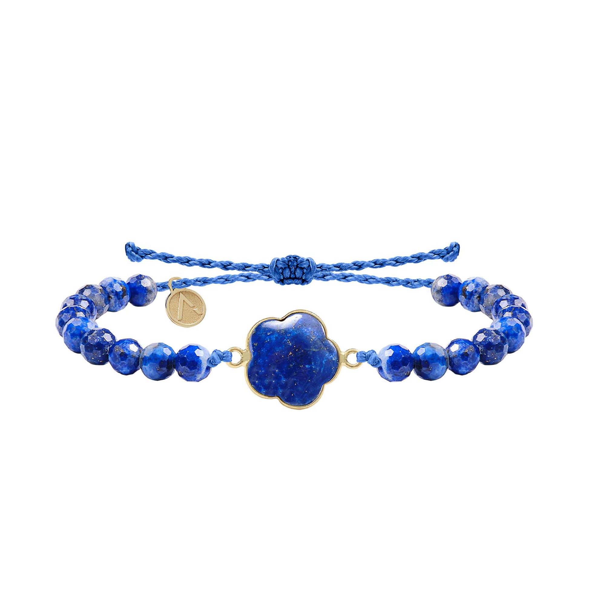 Bratara ajustabila fatetata, pandantiv floare, aur galben 9 K, piatra Lapis Lazuli, fir matase