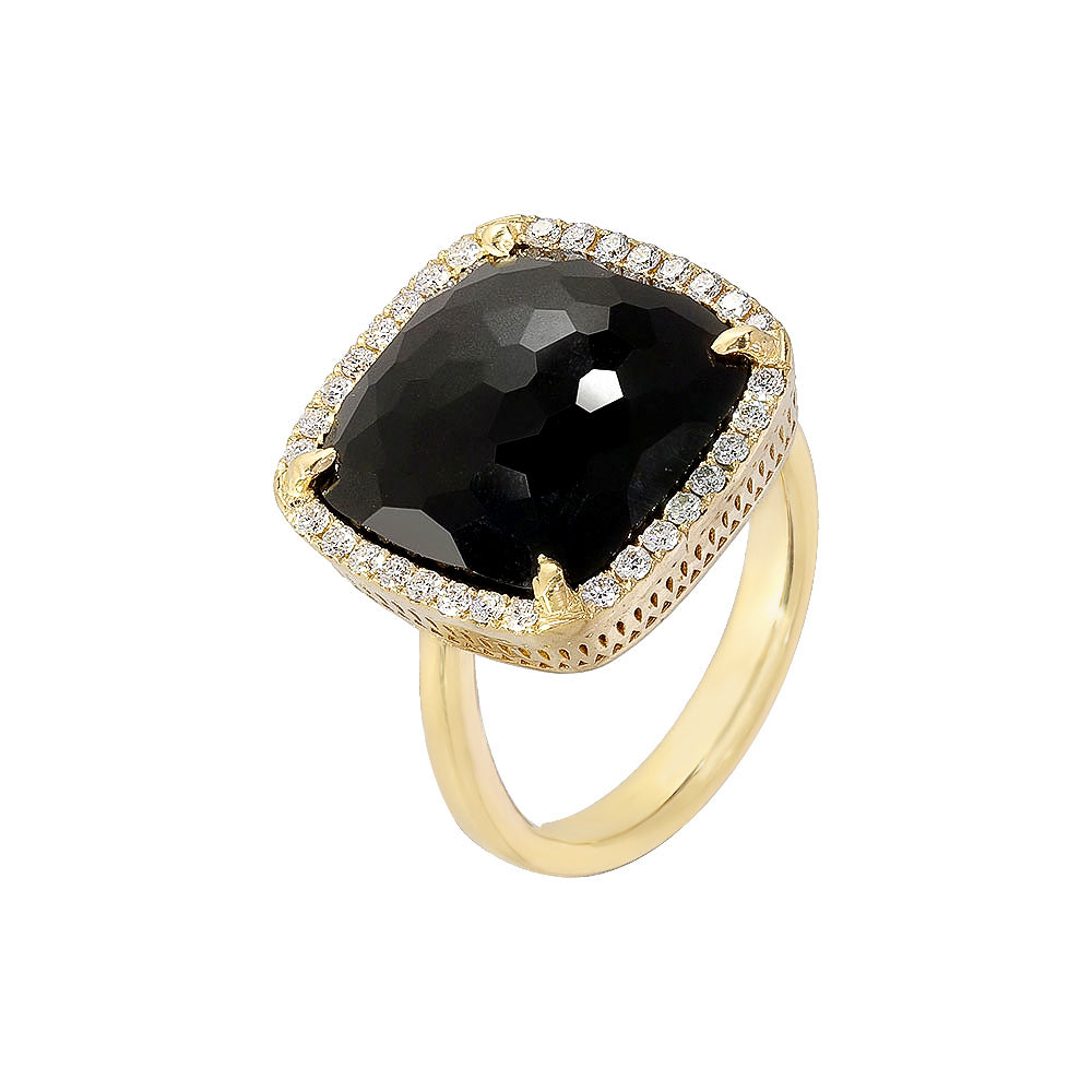 Inel cu diamante, pandantiv patrat, aur galben 18K, piatra Onix